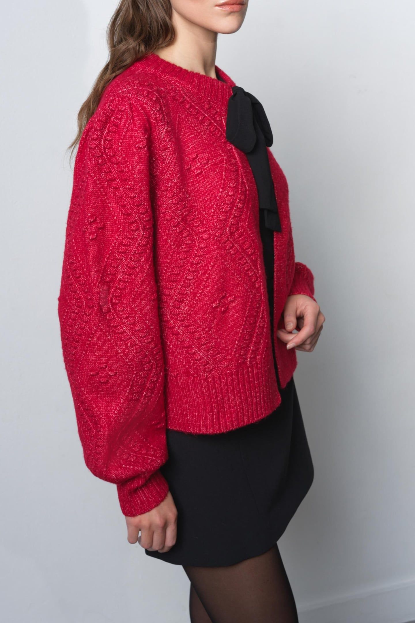 KITTY BOBBLE BOW CARDIGAN LIPSTICK RED/BLACK 4