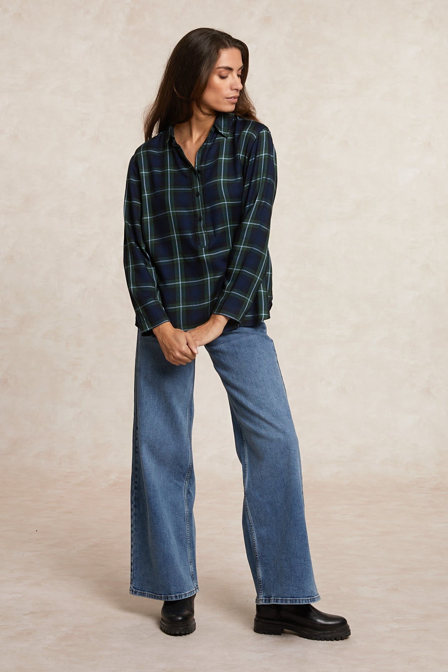 LOOSE CHECKED BLOUSE BLUE/KHAKI 1