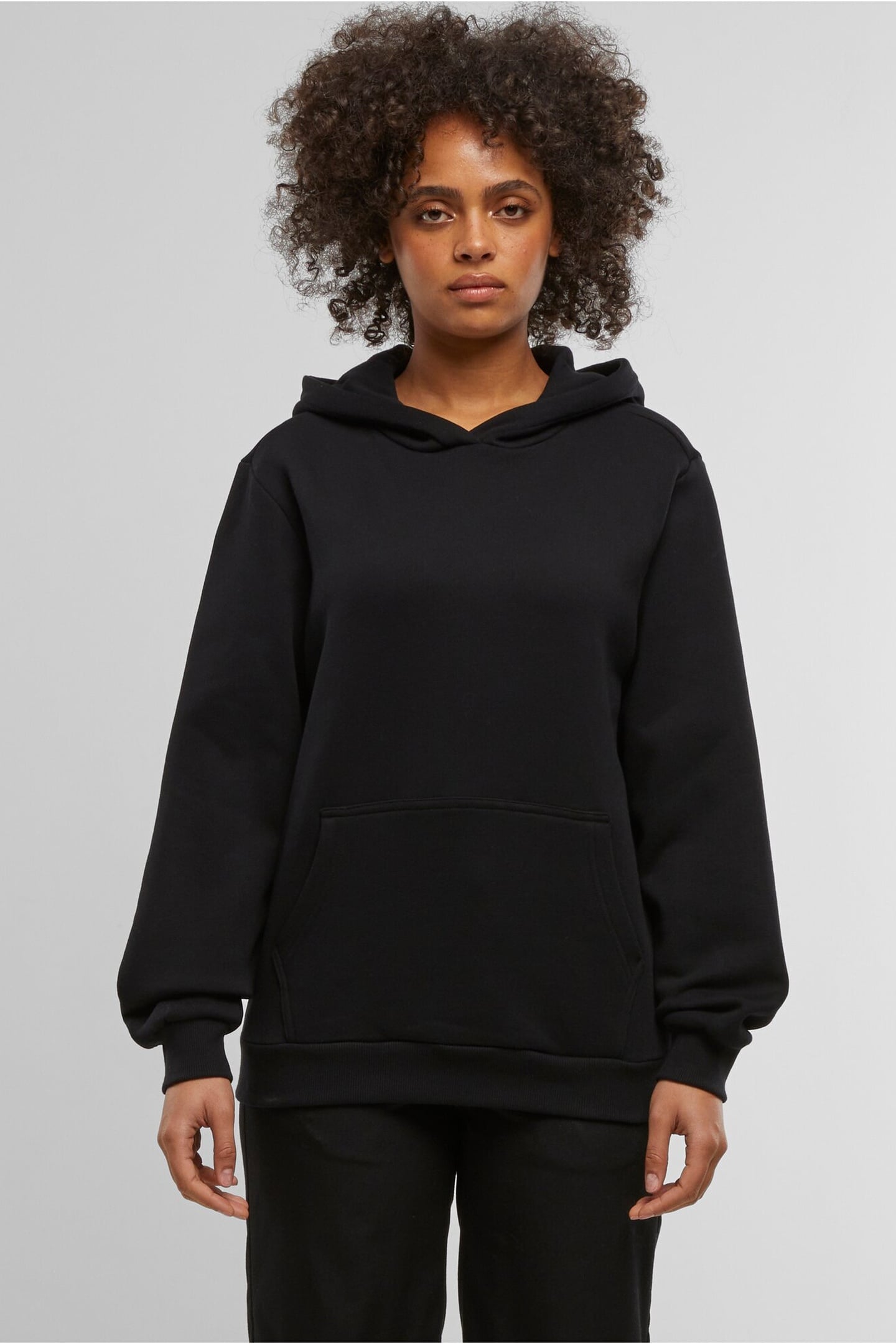 LADIES ESSENTIALS LOOSE BRUSHED FLEECE HOODY BLACK 1