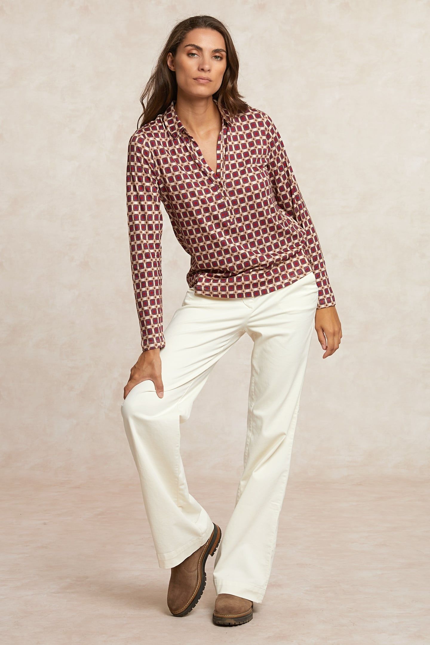 JERSEY FANTASY V-NECK BLOUSE RED/BROWN 1