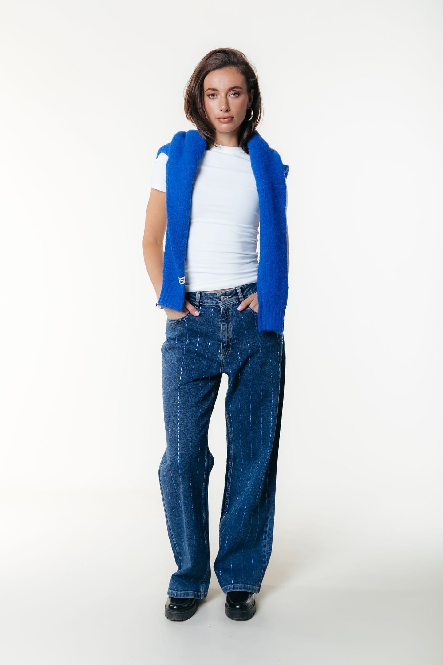 GAIAS RHINESTONES HIGH RISE WIDE LEG DENIM PANTS DARK BLUE D 1