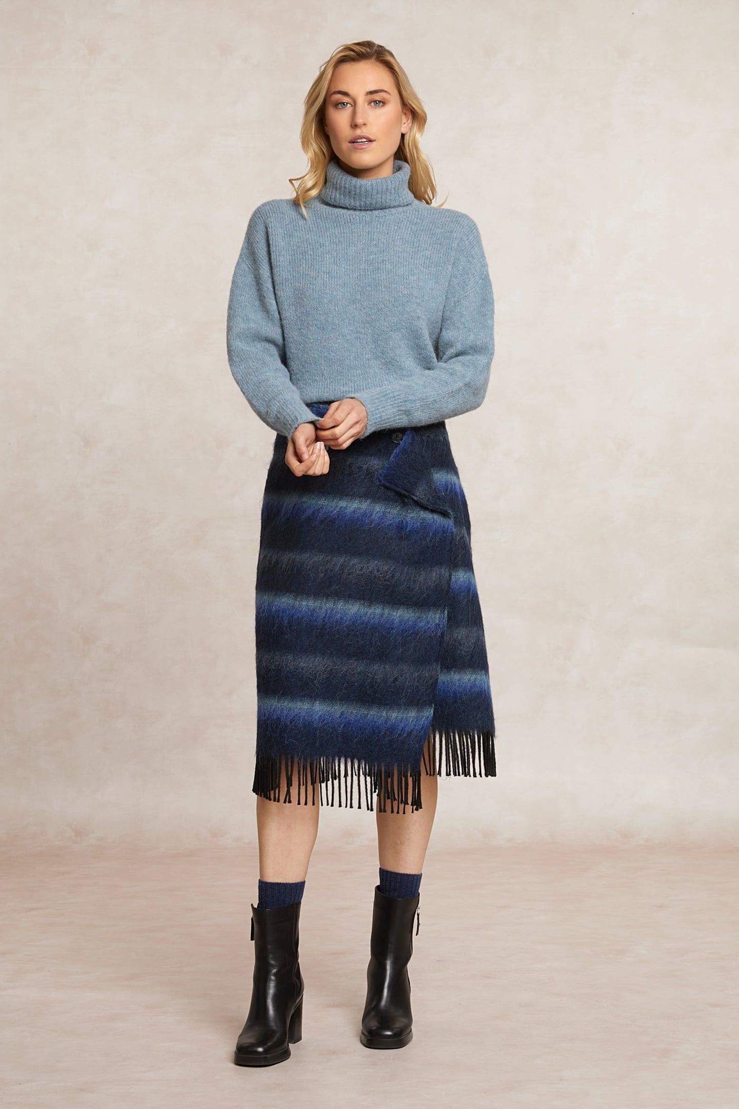 STRIPED WOOLEN RUFFLE PORTEFEUILLE SKIRT BLUE 1