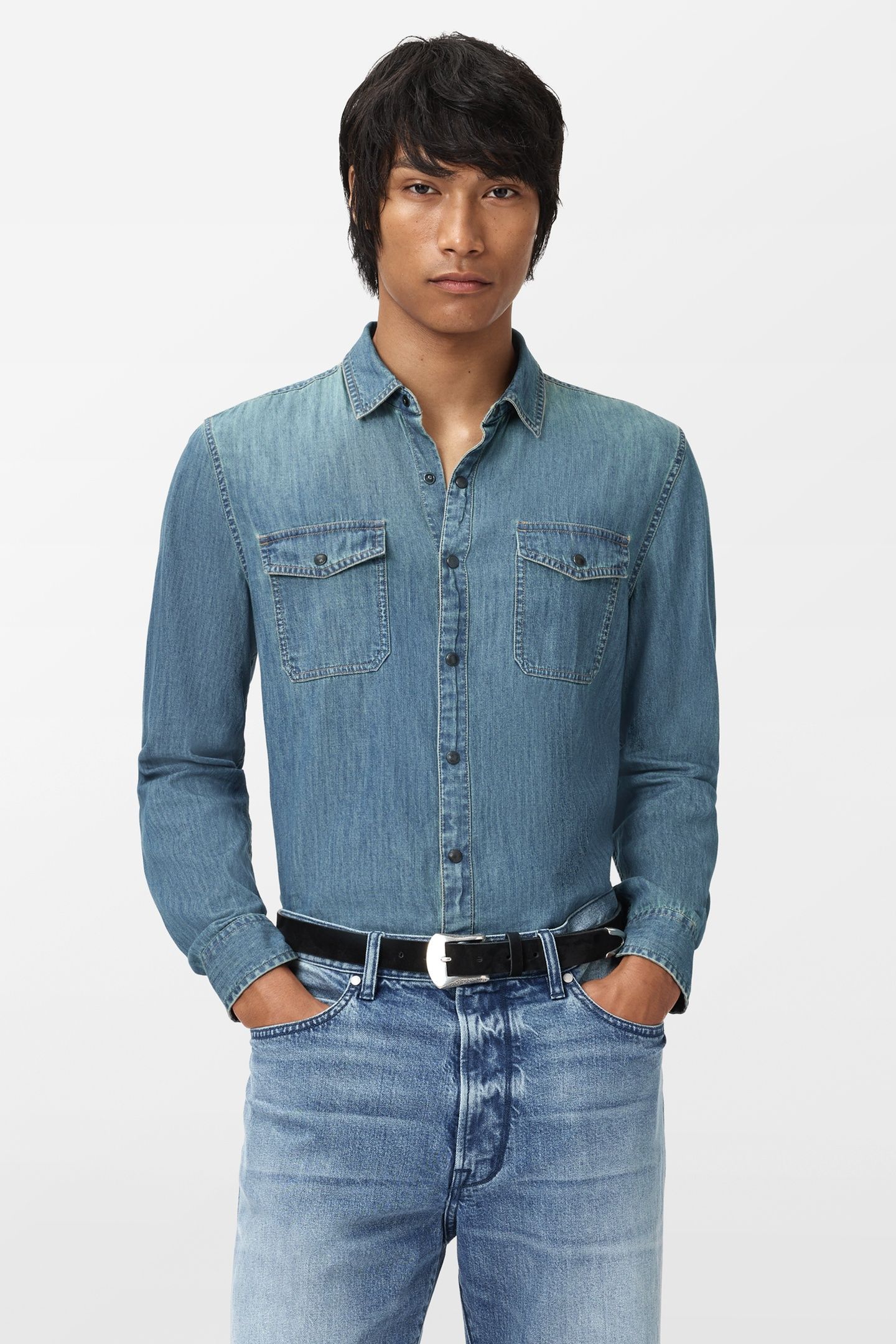 OTTO LS SNAP FRONT PLACKET COLLARED SHIR AGED BLUE 1