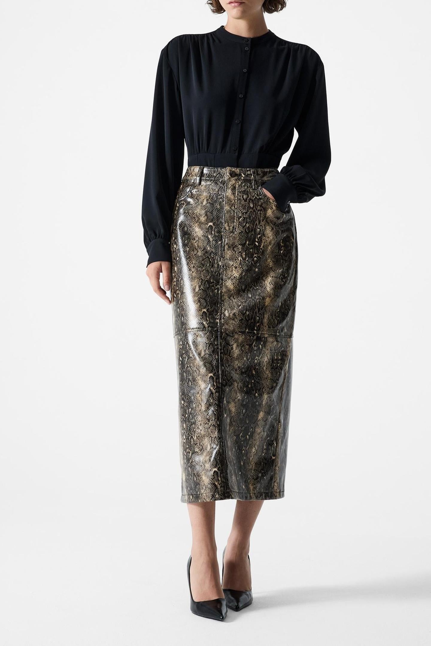 BRANDY SNAKESKIN PU MIDI SKIRT SNAKE PU SNAKE PU 1