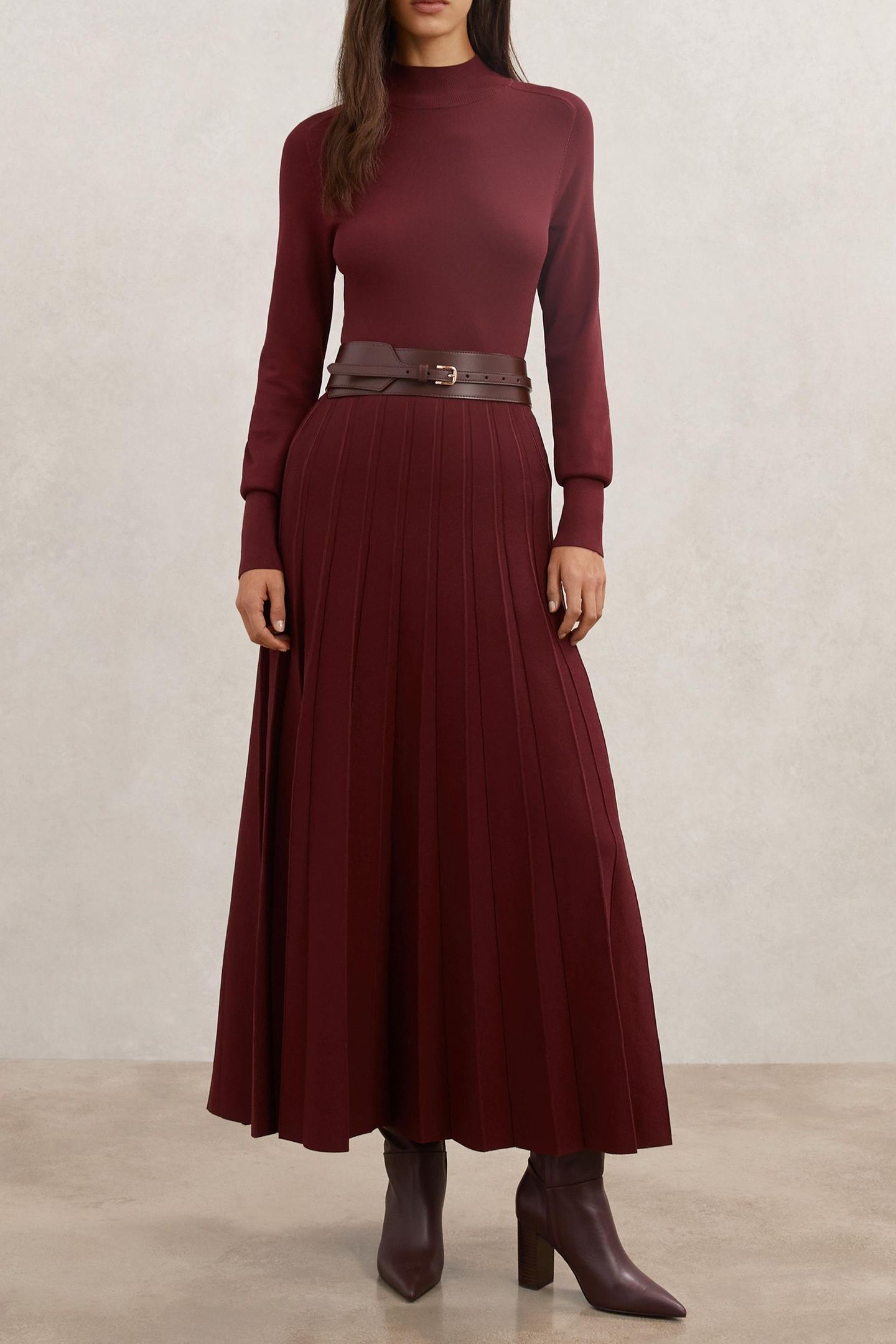 BELTED KNITTED MIDI DRESS RASPBERRY RED 1