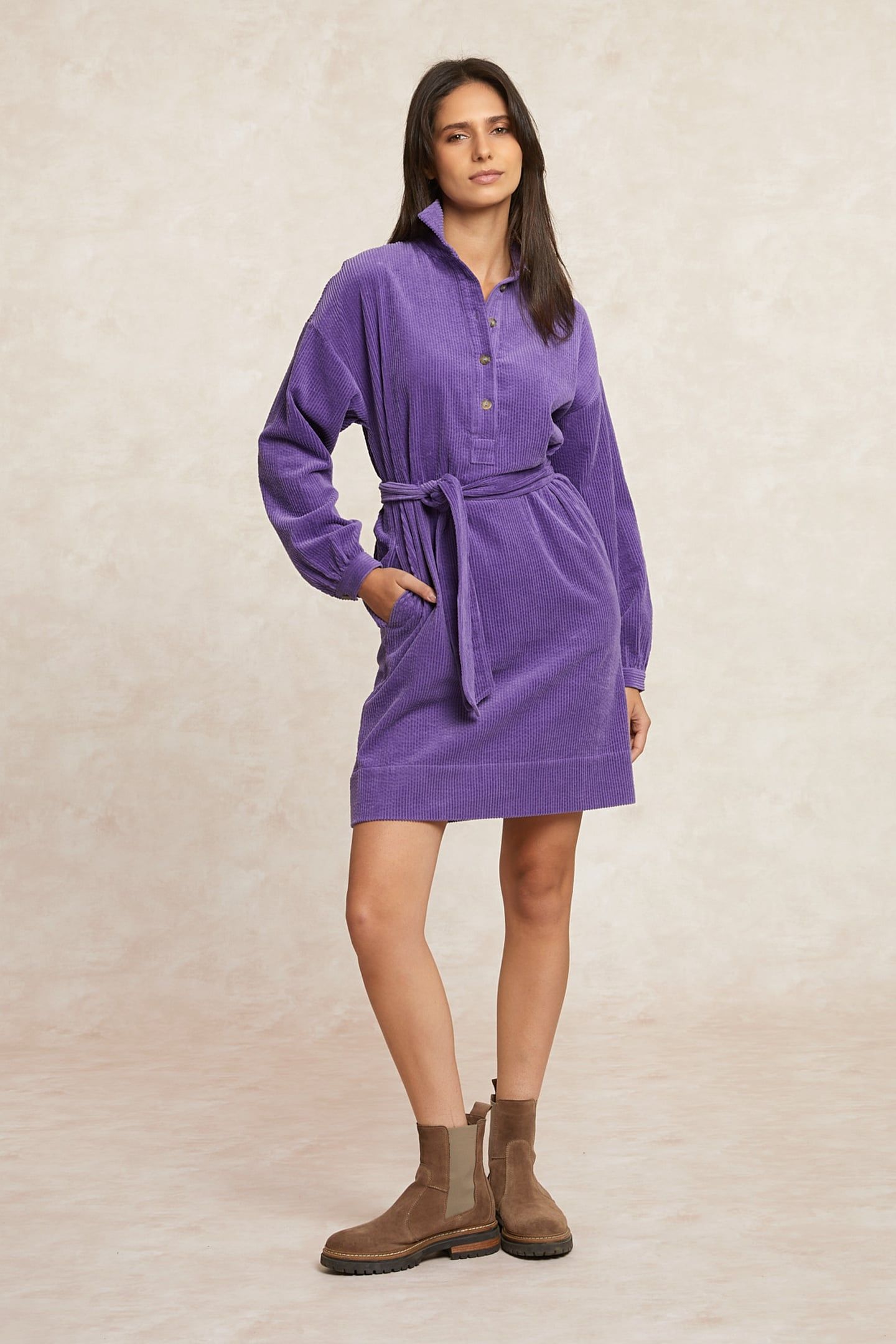 BELTED CORDUROY DRESS WITH BUTTONS PURPLE 1