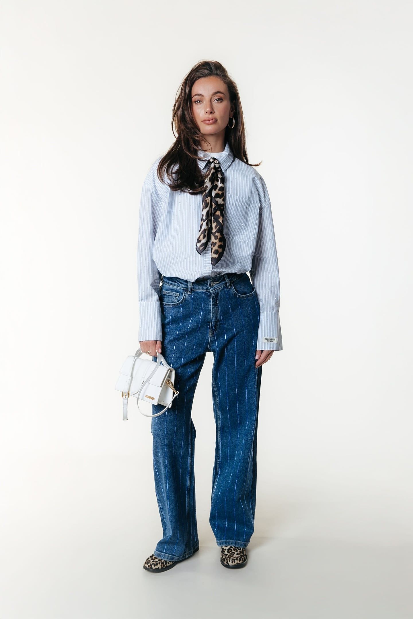 GAIAS RHINESTONES HIGH RISE WIDE LEG DENIM PANTS DARK BLUE D 2