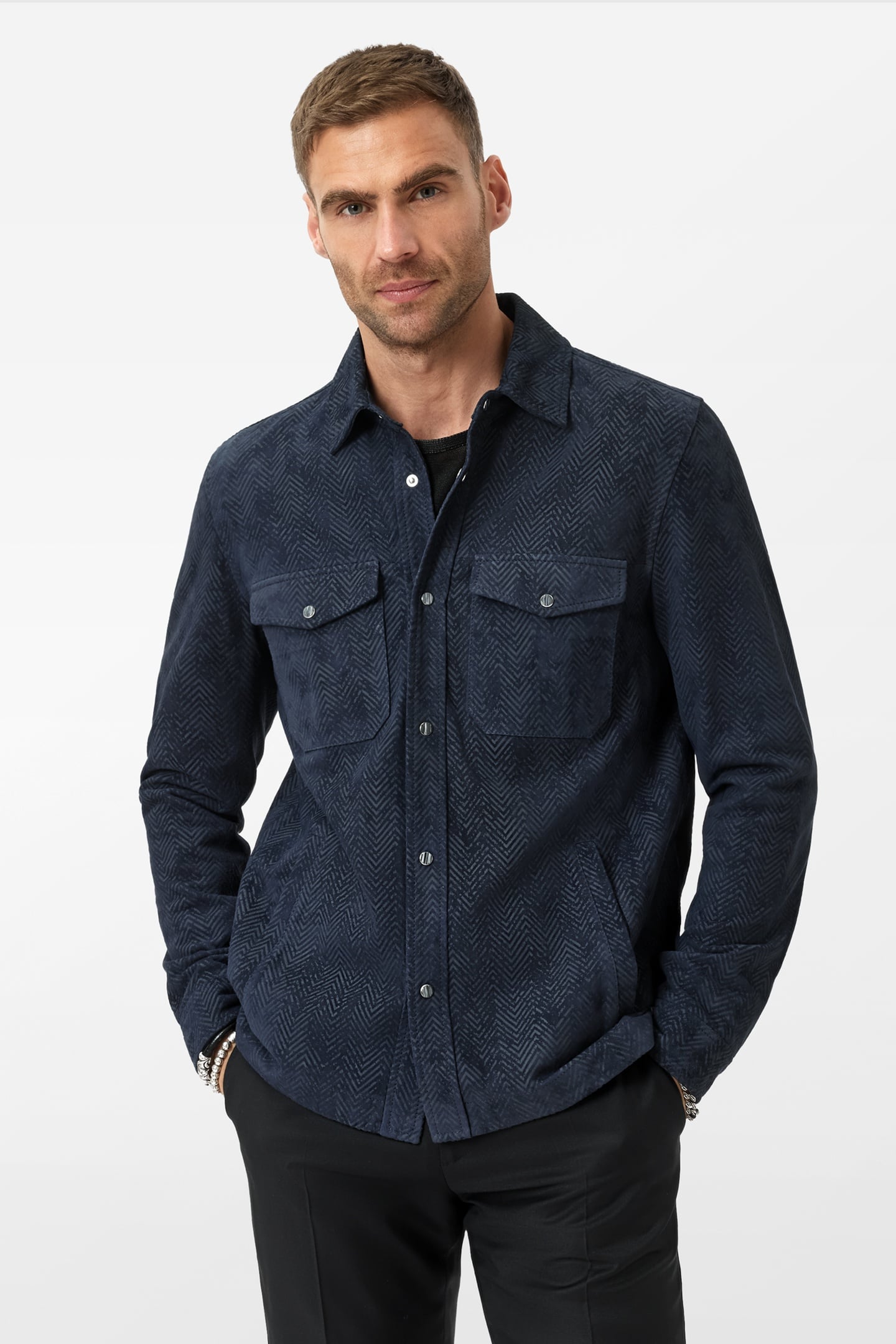 JONAH PRINTED HERRINGBONELEATHER SHIRT J NAVY 2