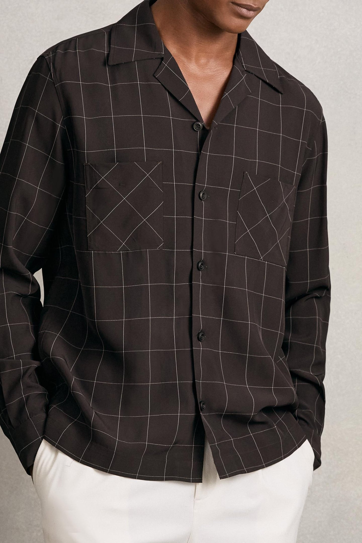 LS WINDOWPANE CUBAN SHIRT DARK BROWN 1