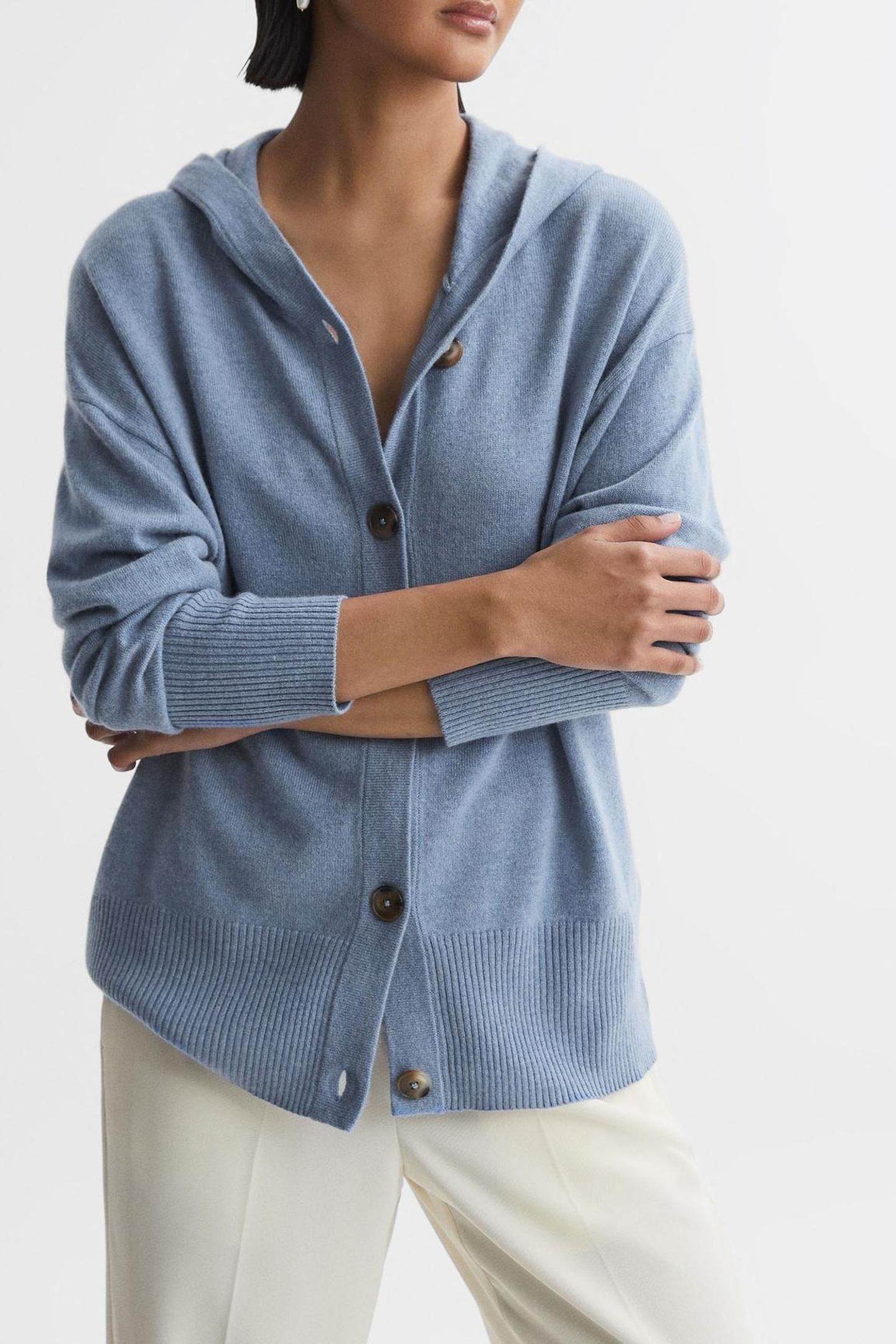 BUTTON THROUGH KNITTED HOODY INDIGO 1