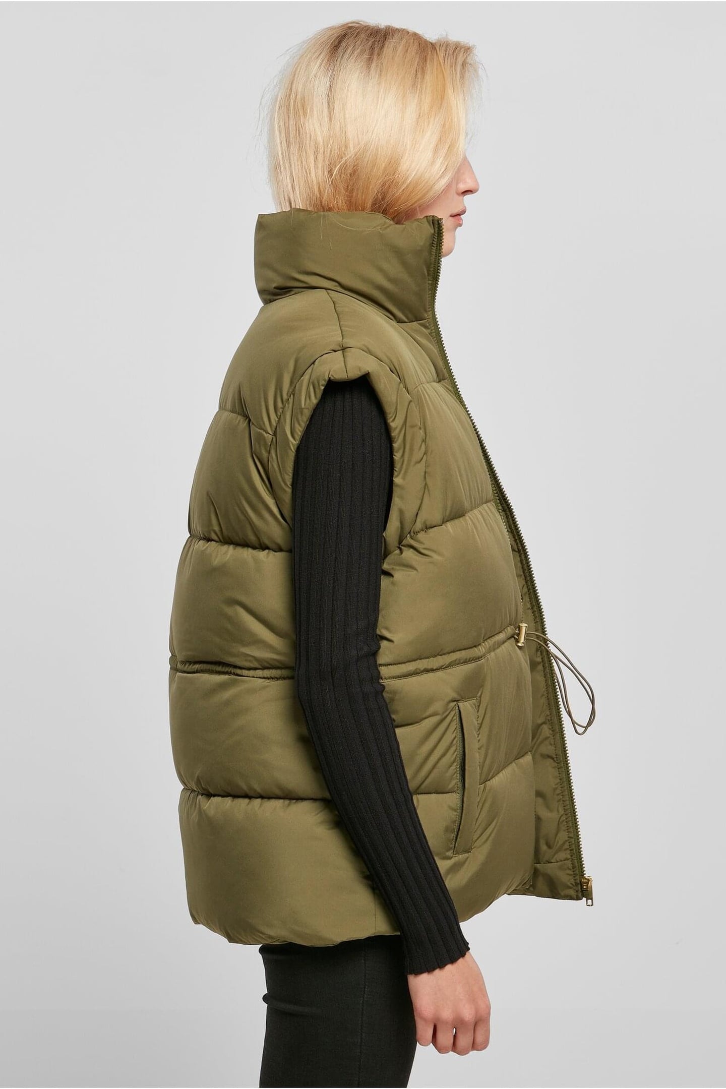 LADIES WAISTED PUFFER VEST OLIVE 3