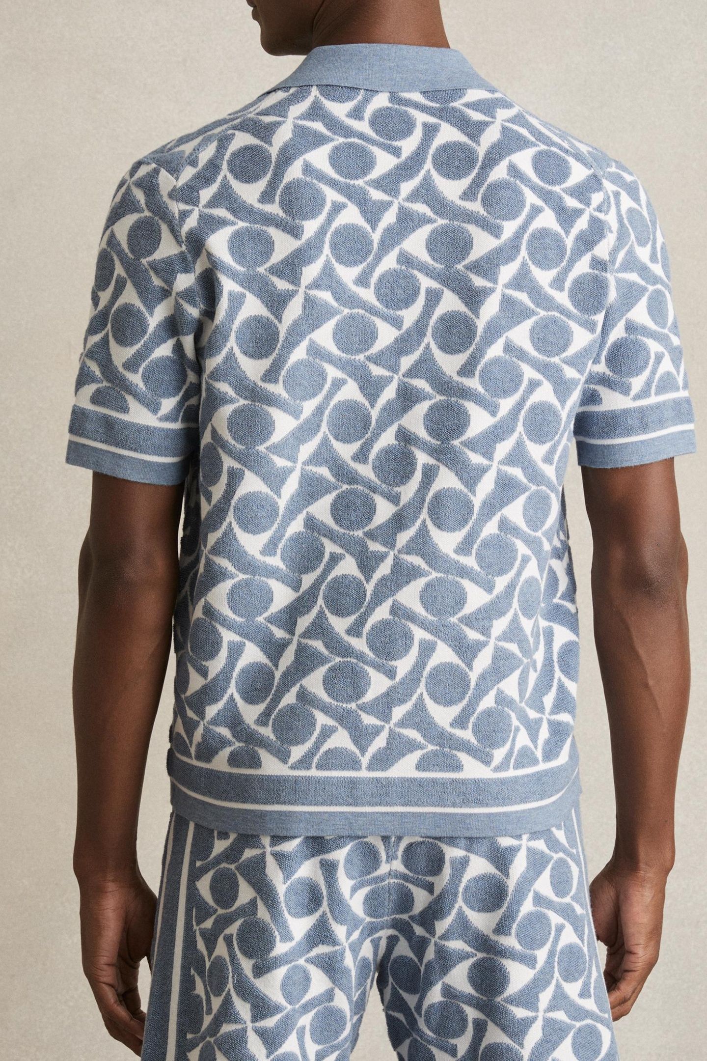 SS CUBAN BUTTON THORUGH GEO TOWELLING SHIRT SOFT BLUE/WHITE 2