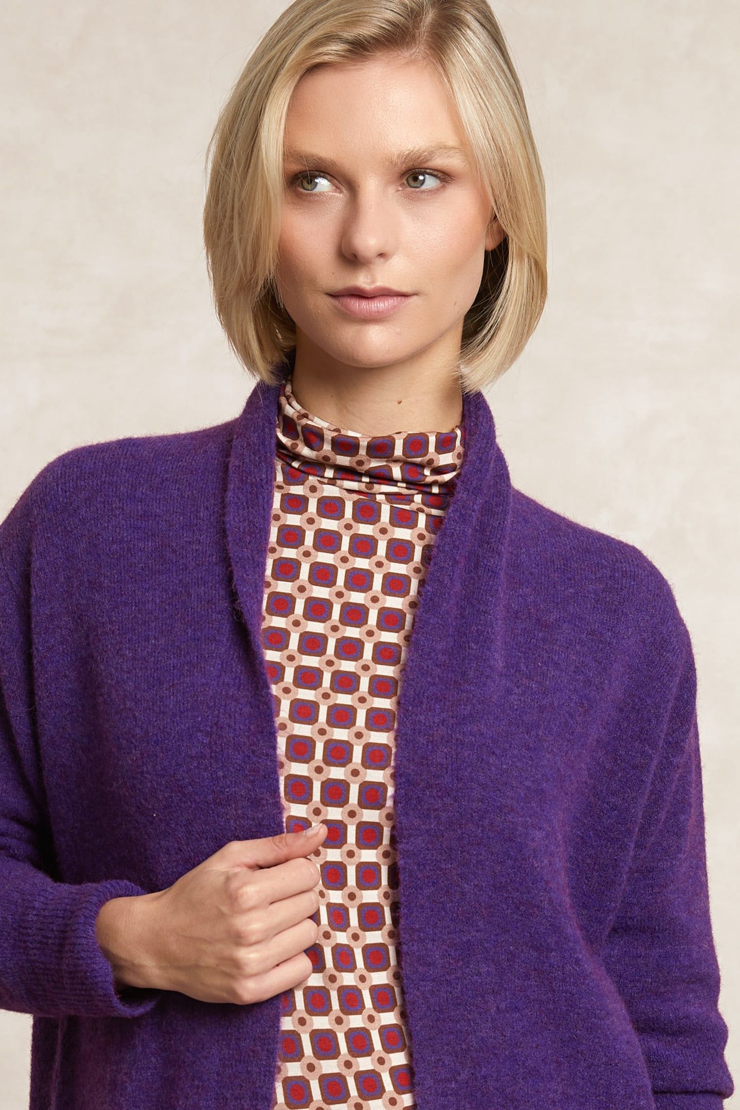 LONG V-NECK JERSEY CARDIGAN APPLIED POCKETS PURPLE 4