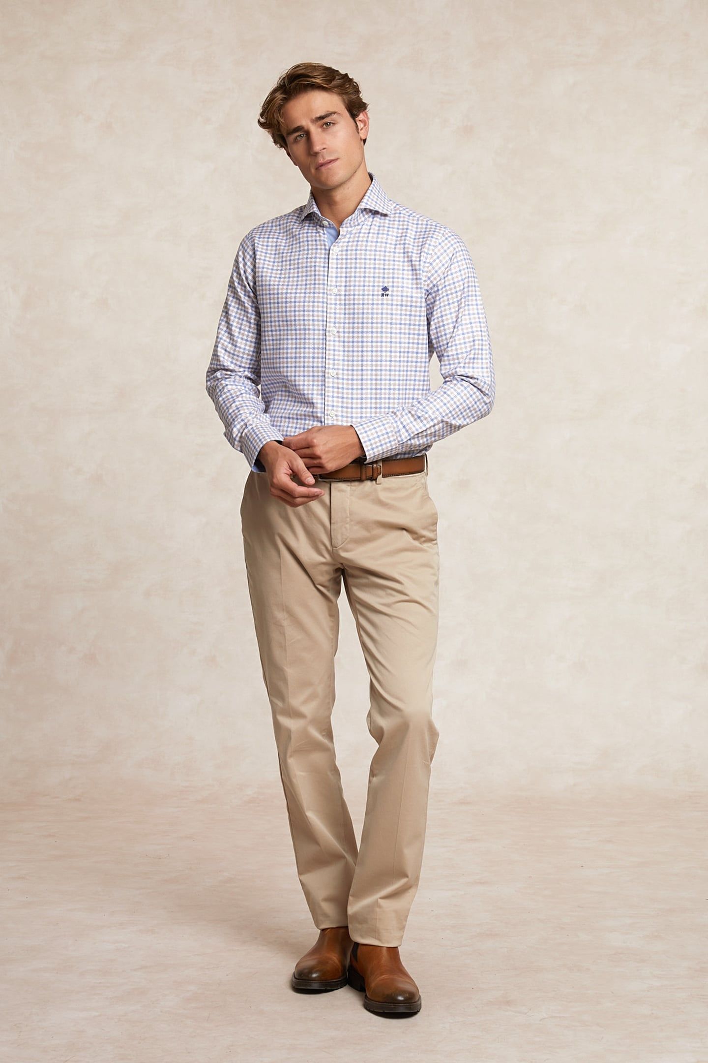 CUSTOM FIT COTTON CHECKED SHIRT BROWN/BLUE 1