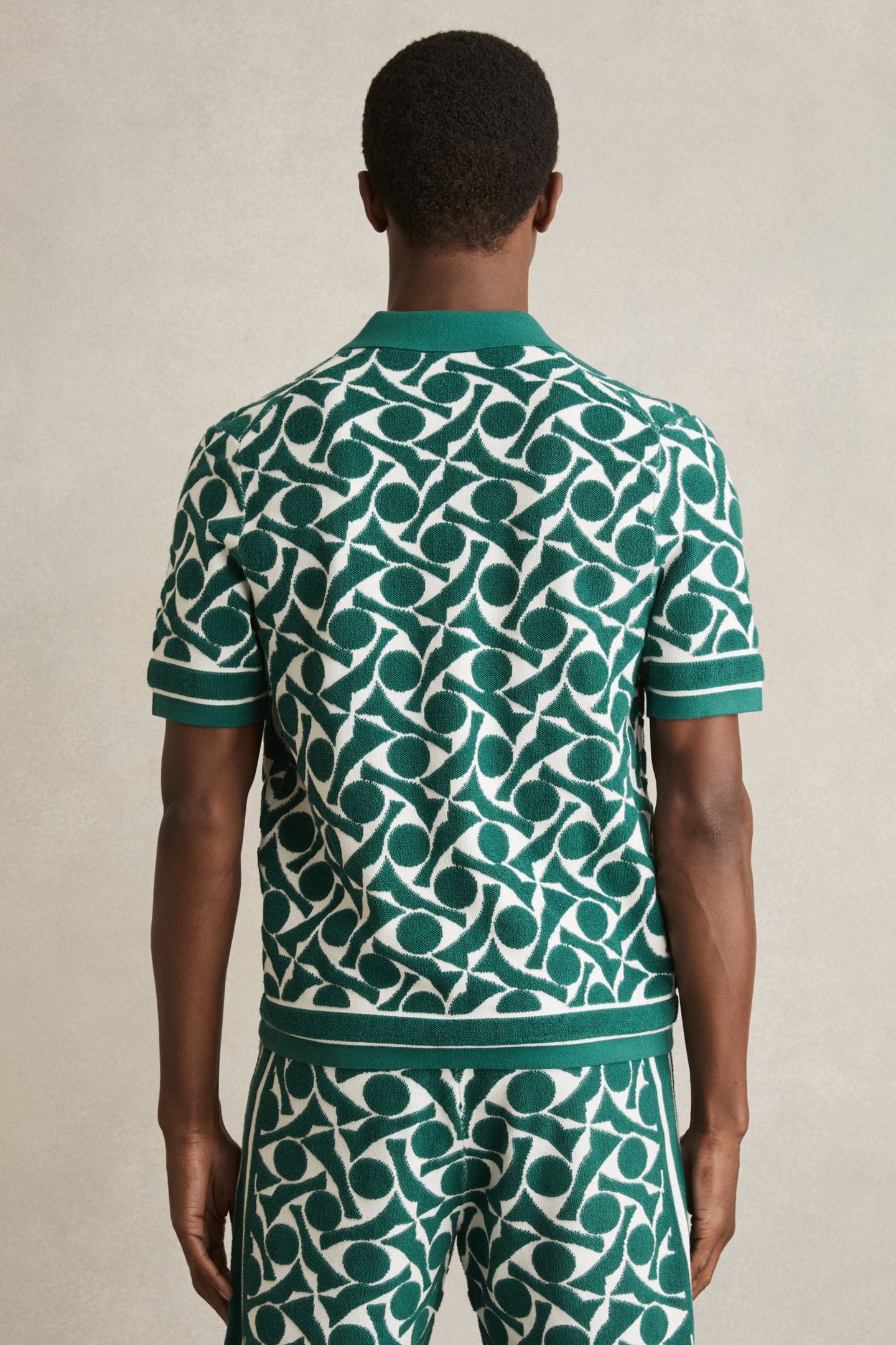SS CUBAN BUTTON THORUGH GEO TOWELLING SHIRT GREEN/WHITE 2