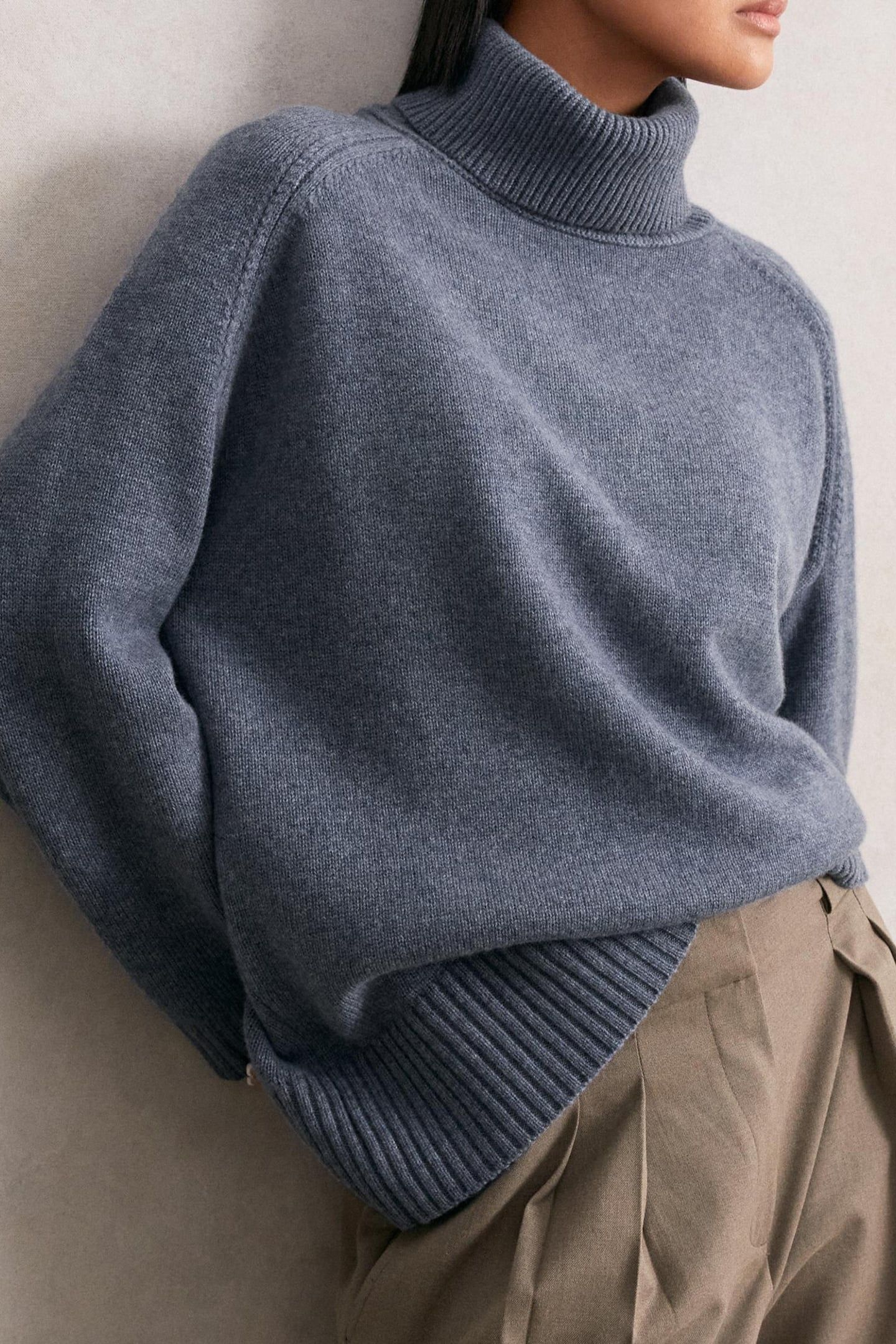 CASHMERE BLEND ROLL NECK BLUE MARL 1