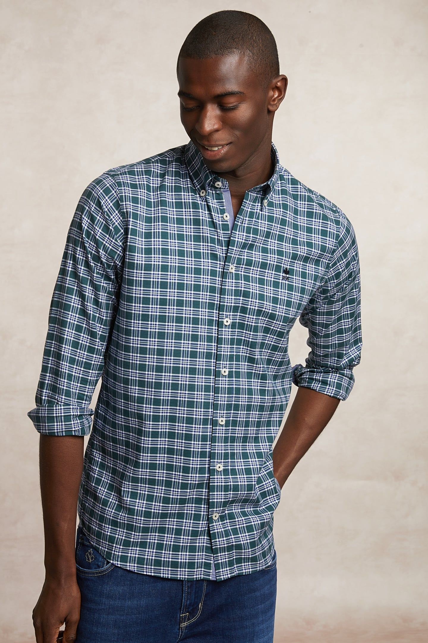 CUSTOM FIT COTTON CHECKED SHIRT KHAKI/WHITE 3