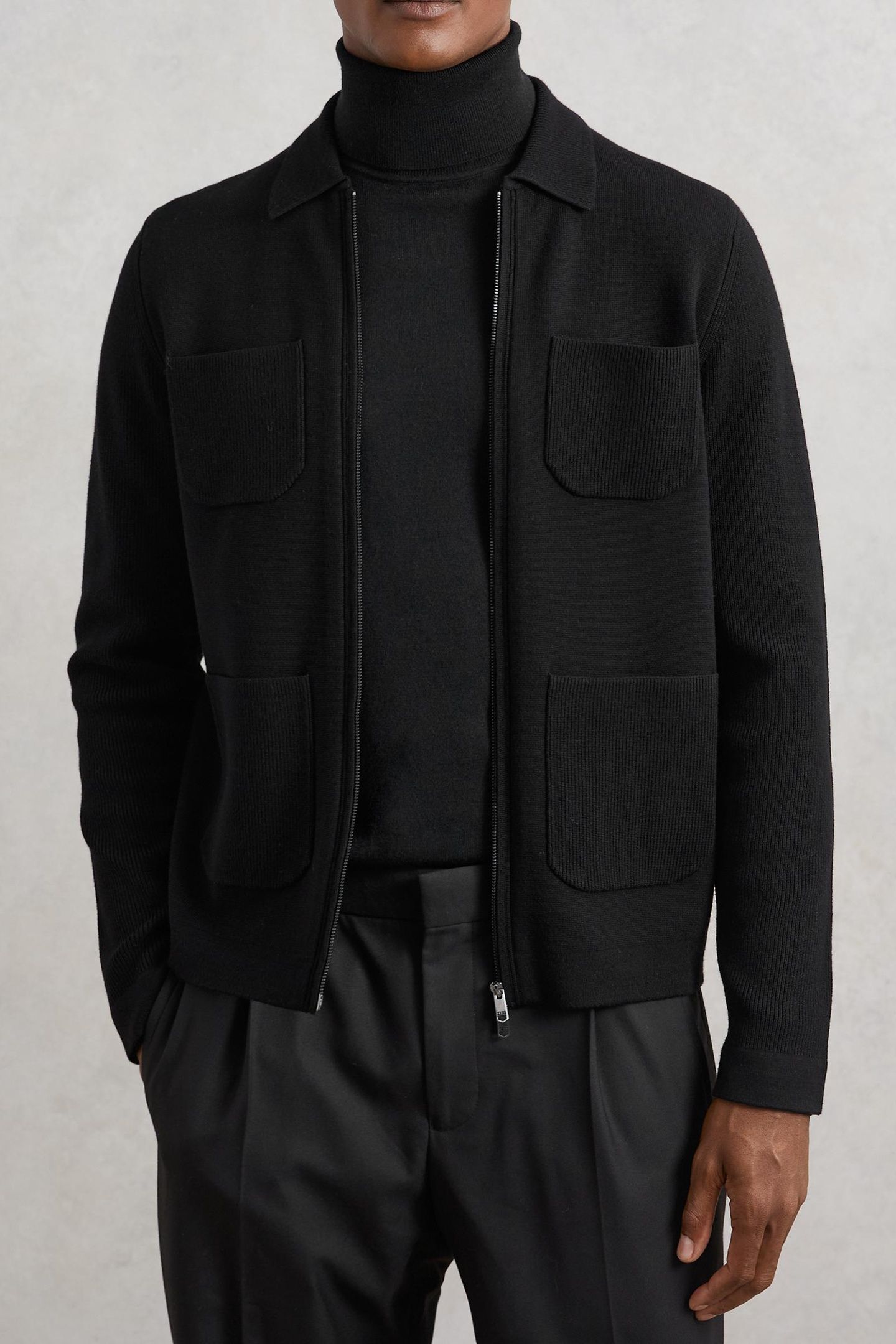 LS ZIP THROUGH RIBBED FOUR POCKET SHIRT BLACK 1