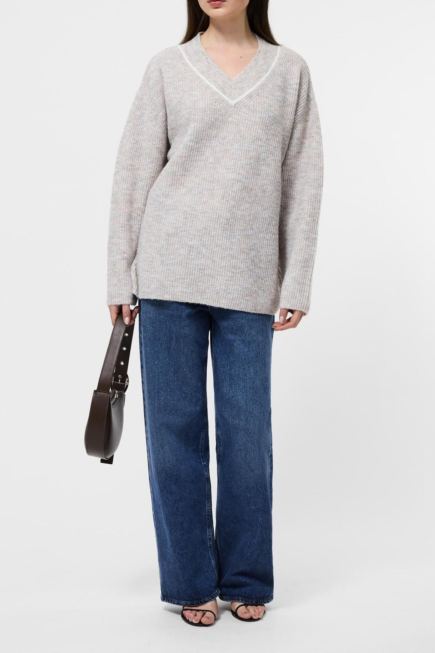 KEZIA VERTICAL V NK JUMPER STONE GREY/W.WHITE 1