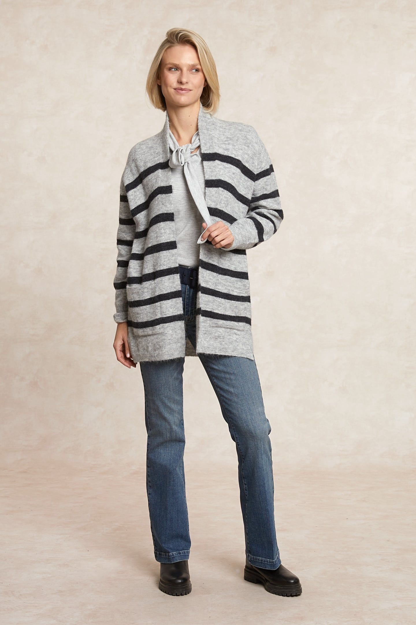 LONG STRIPED V-NECK JERSEY CARDIGAN APPLIED POCKETS BLACK/GR 3
