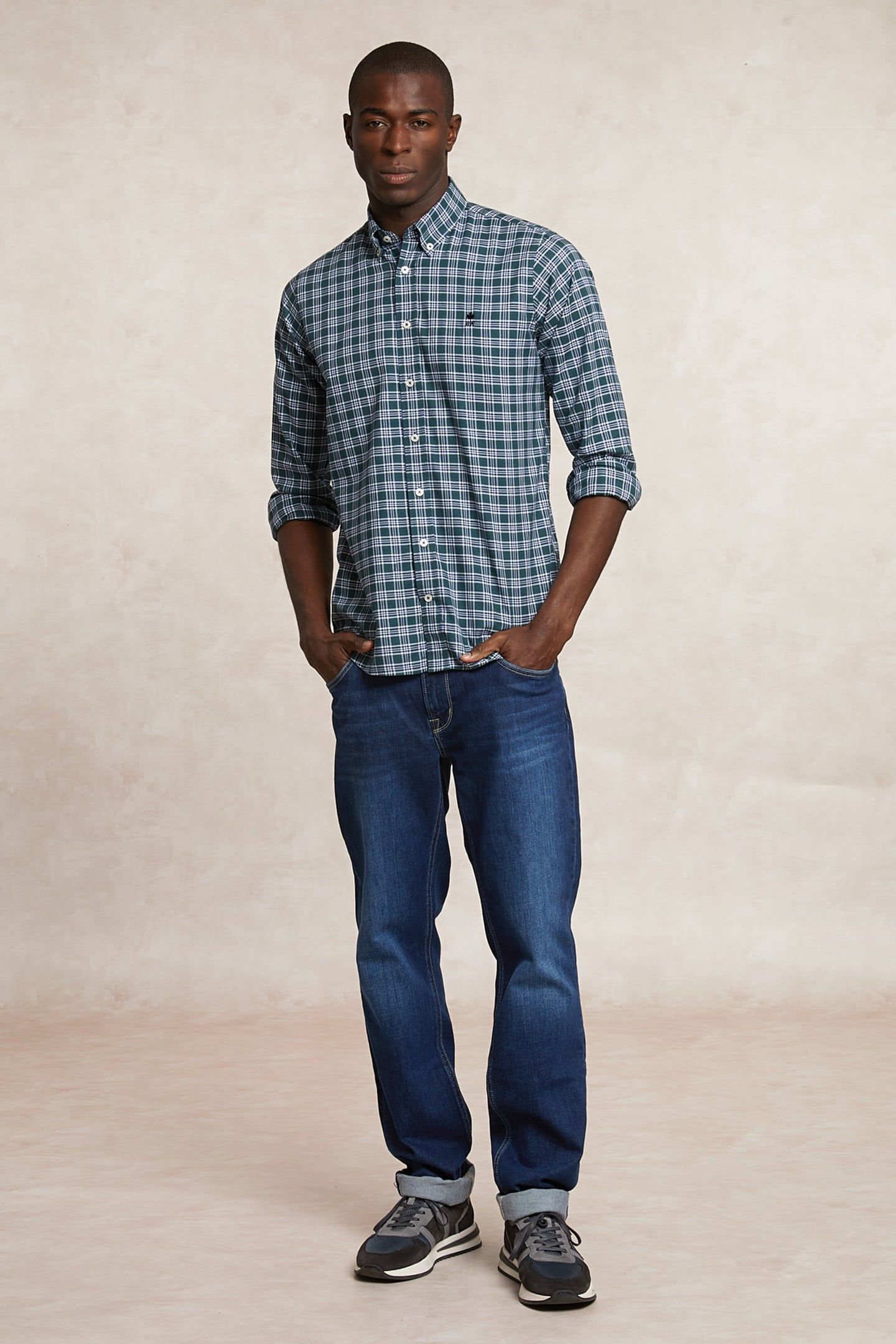 CUSTOM FIT COTTON CHECKED SHIRT KHAKI/WHITE 1