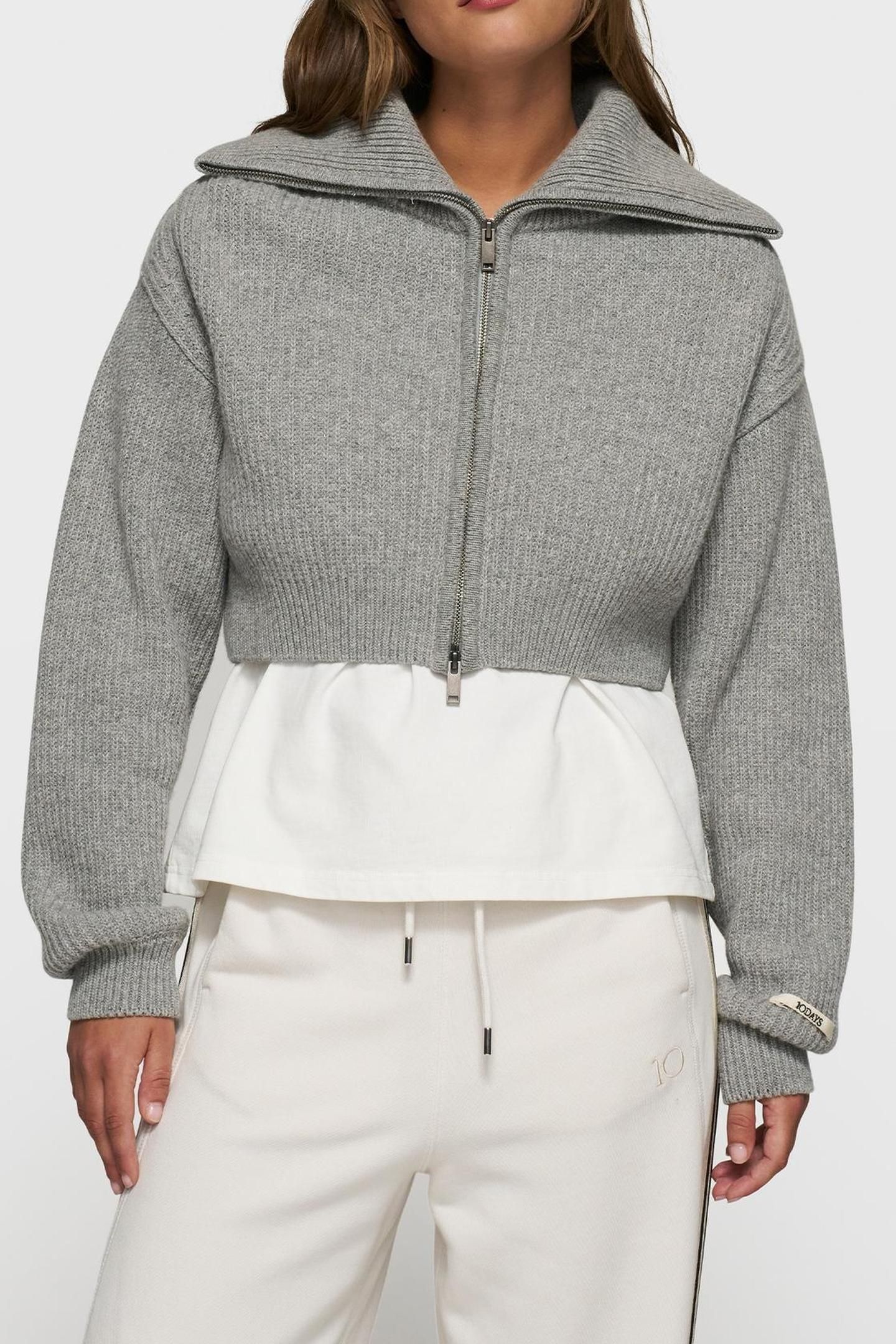CROPPED KNIT ZIP JACKET LIGHT GREY MELEE 1