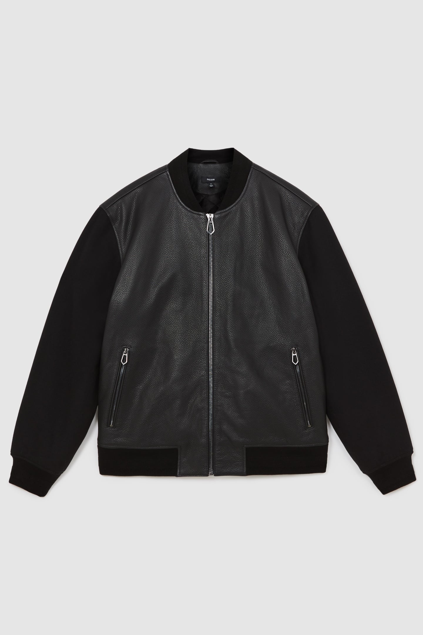 LS LEATHER WOOL SLEEVE BOMBER JACKET BLACK 3