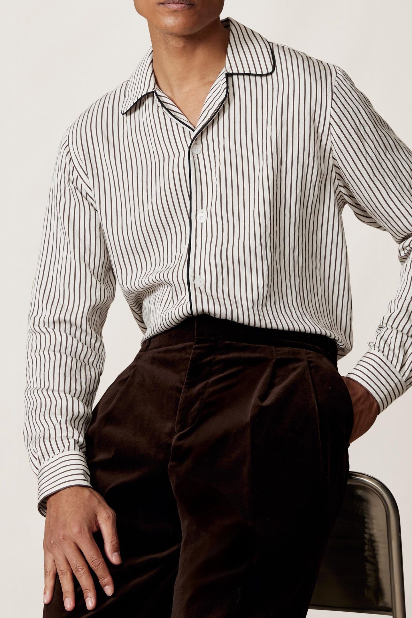 LS PINSTRIPE PIPED CUBAN SHIRT WHITE/BROWN 1