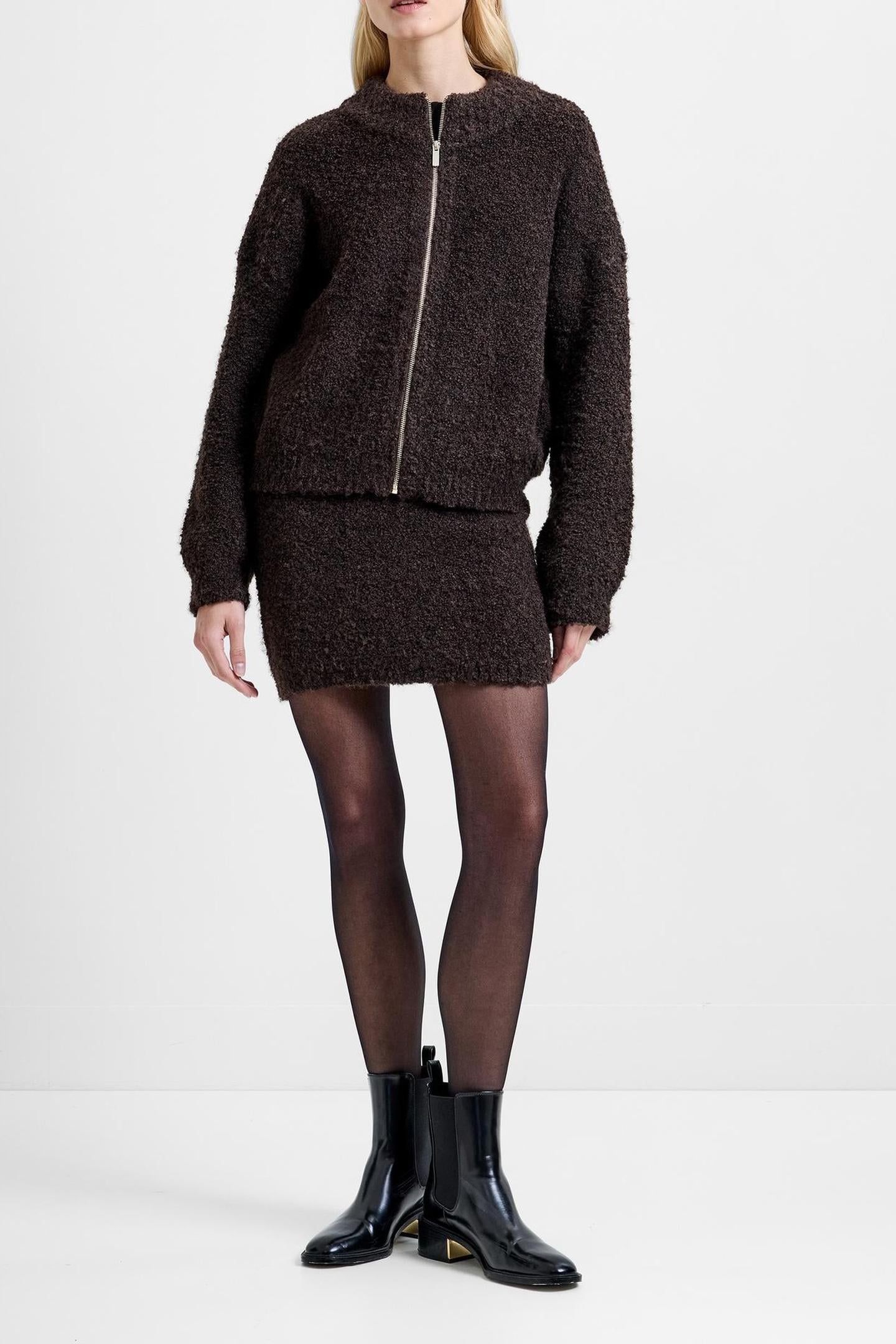 RENEE BOUCLE LS ZIP THROUGH BITTER CHOCOLATE 1