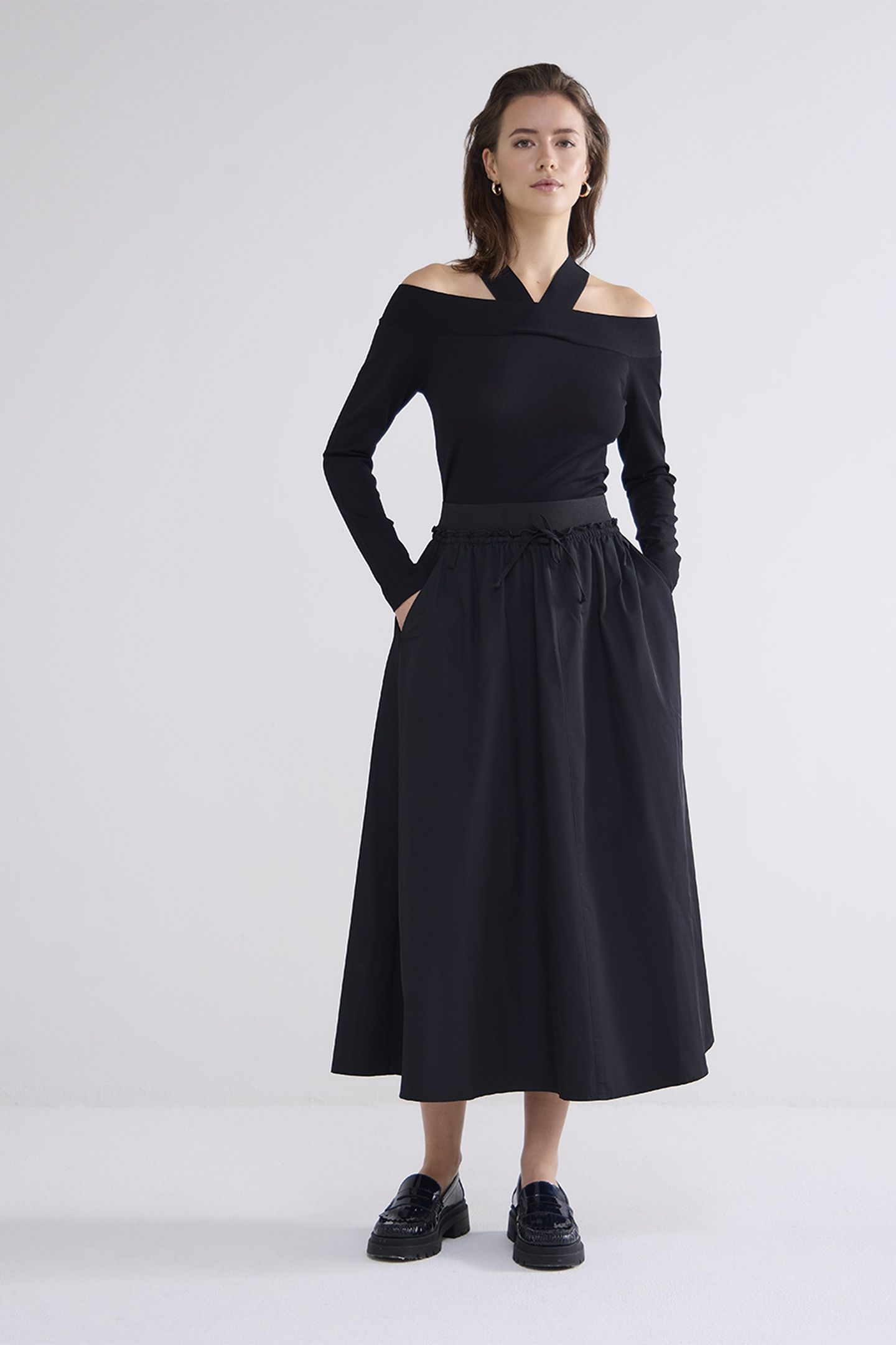 BARE SHOULDER TOP DULL VISCOSE POLYAMIDE KNIT BLACK 1