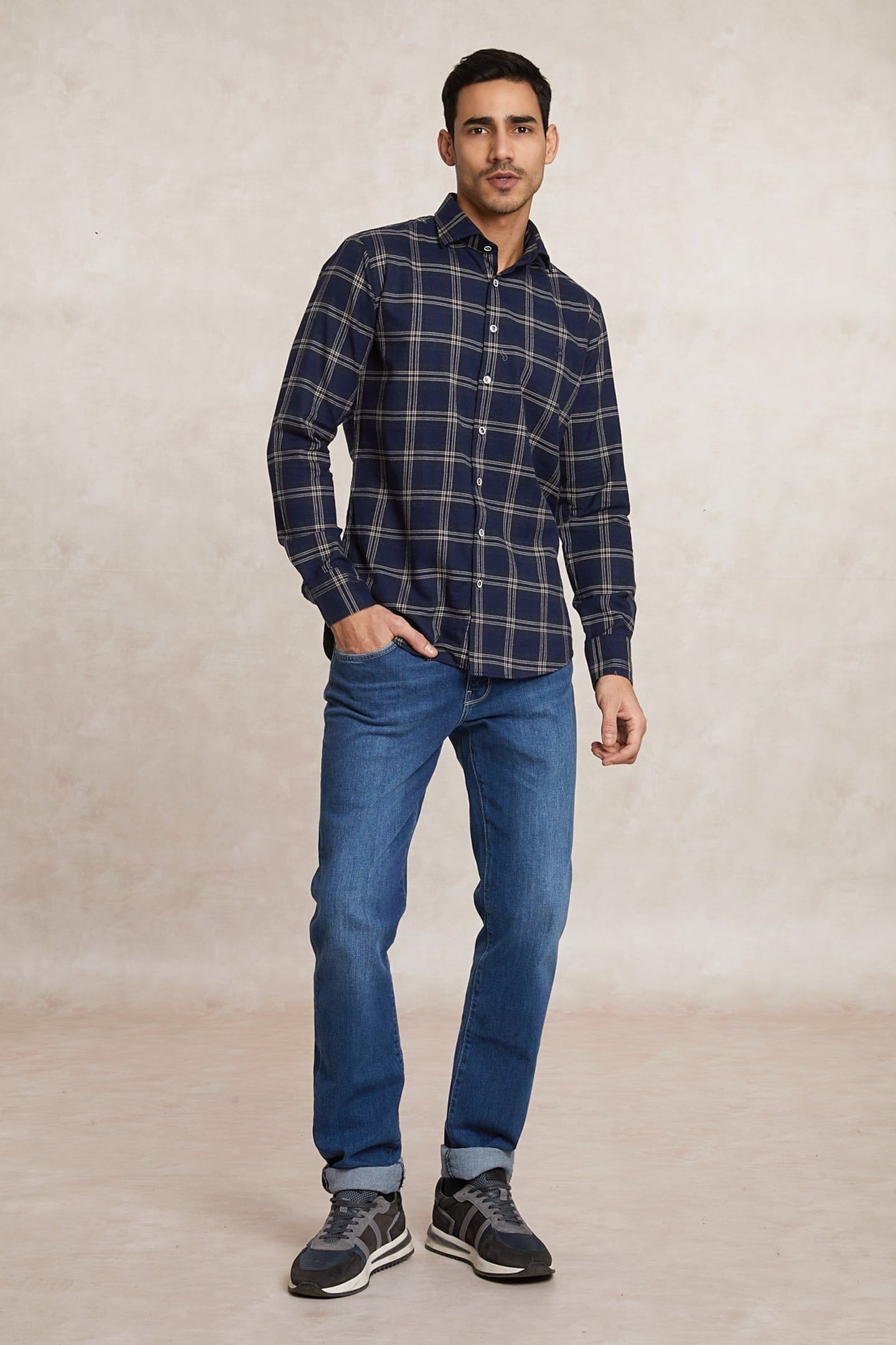 SLIM FIT CHECKED FLANNEL SHIRT BLUE/BEIGE 1