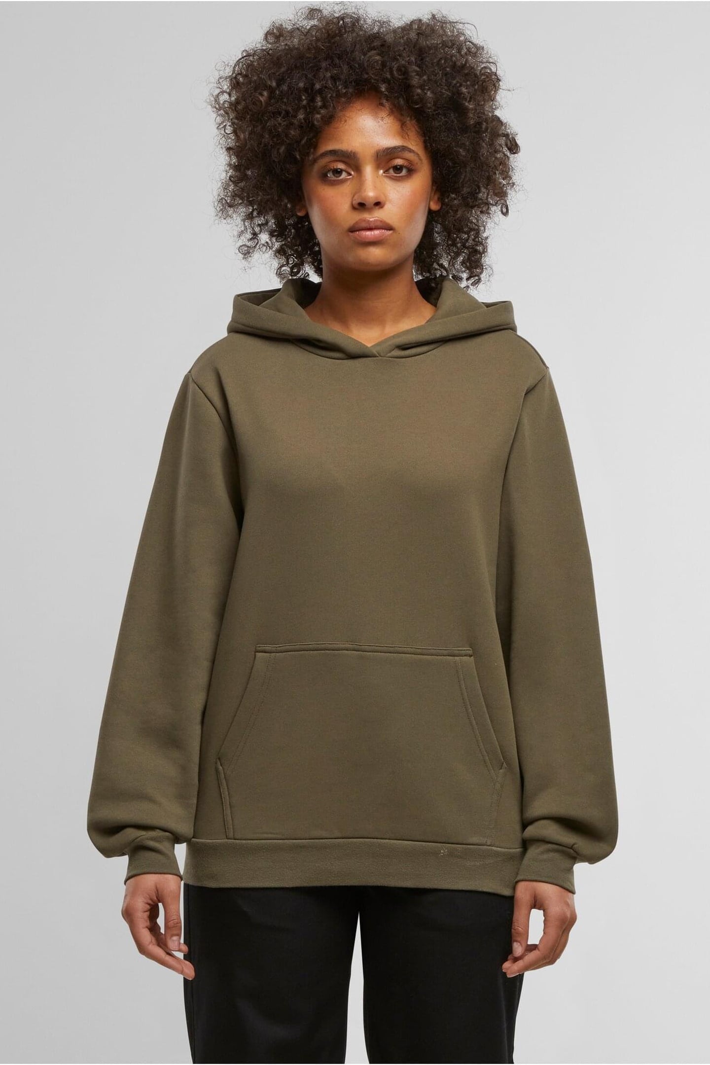 LADIES LOOSE BRUSHED FLEECE HOODY OLIVE 1