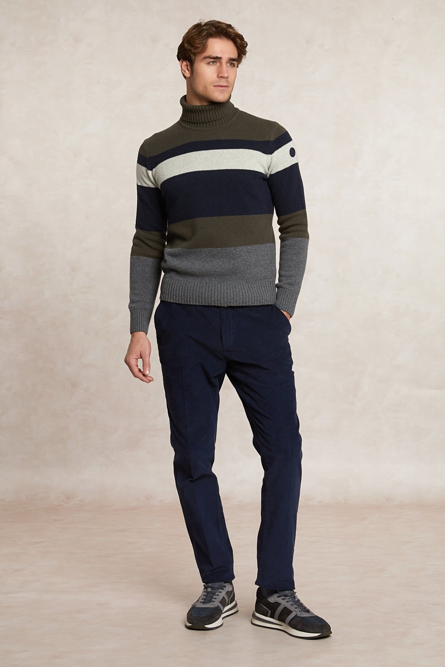 SLIM FIT FANCY STRIPED VIRGIN WOOL ROLL NECK SWEATER OLIVE M 1