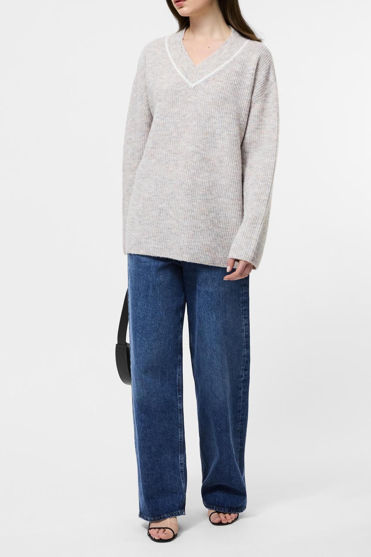 KEZIA VERTICAL V NK JUMPER STONE GREY/W.WHITE 2