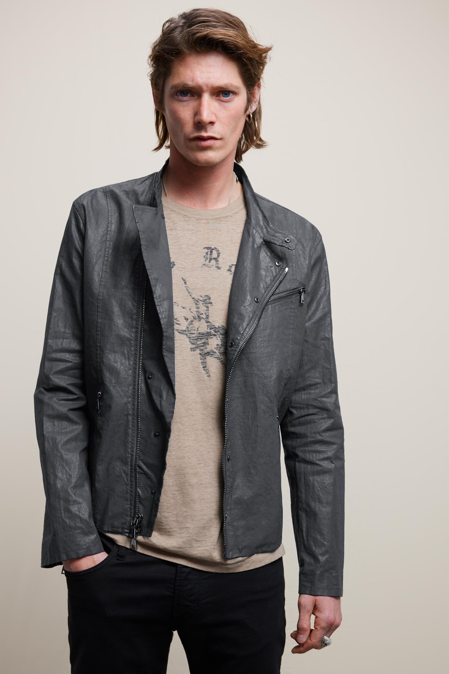 SLIM FIT ASYMMETRIC SNAP/ SEAL GREY 1