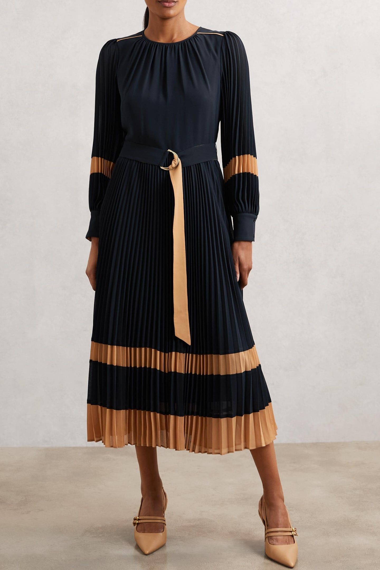 COLOUR BLOCK PLEATED DRESS NAVY/CAMEL 1