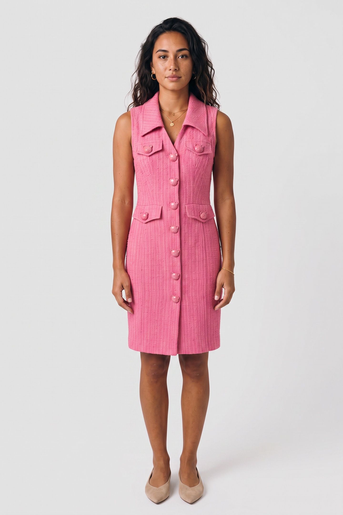 TEDDY BUTTONS TWEED DRESS PINK 1
