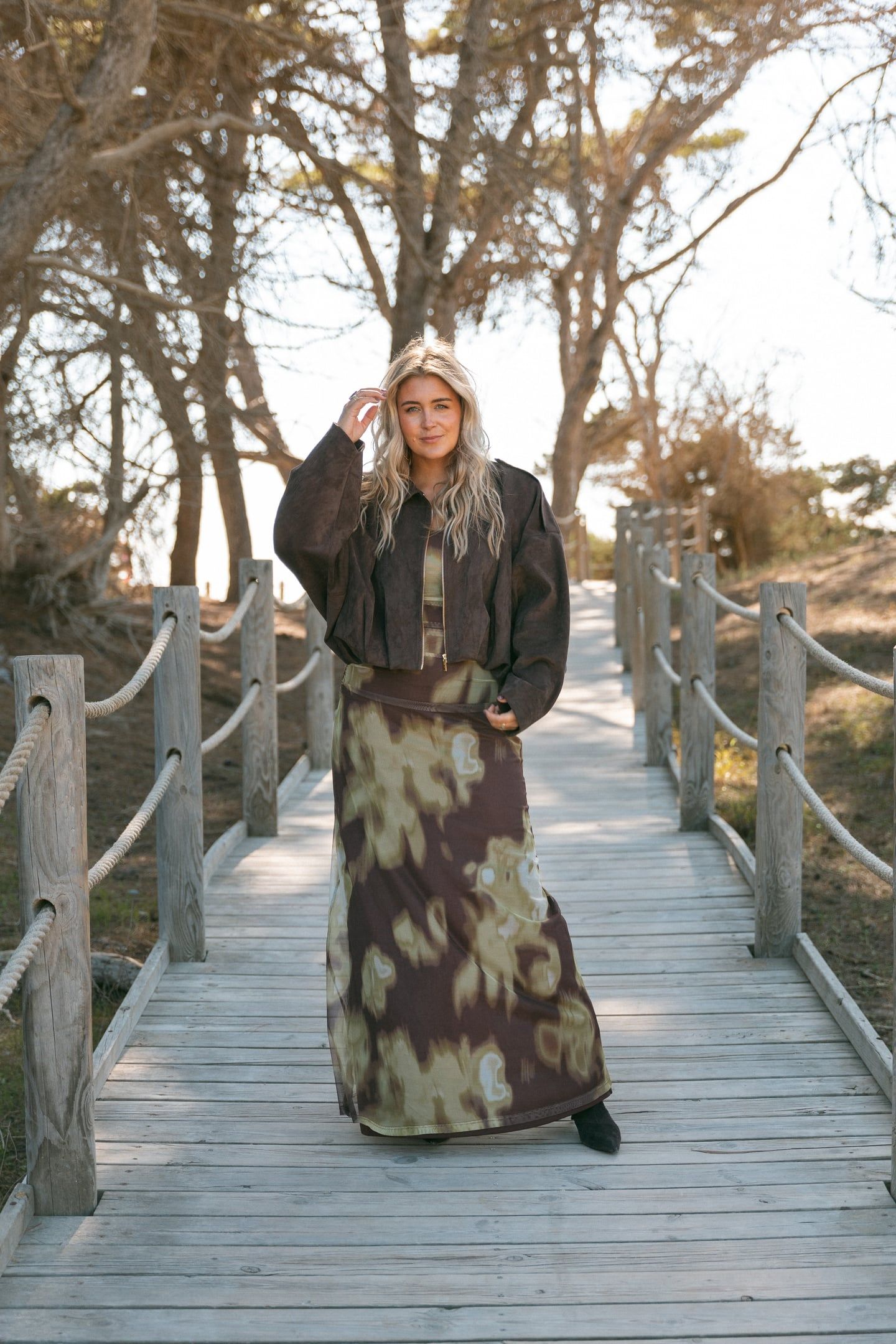 AMY DRESS GREEN / DARK BROWN PRINT 2