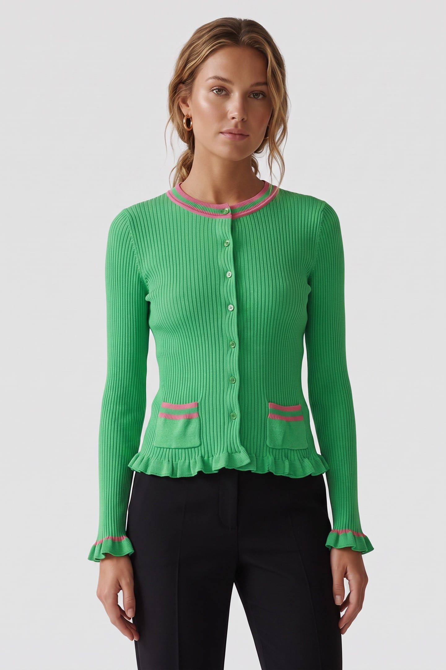 STRIPED DETAILS RIBBED KNIT CARDIGAN GREEN 1