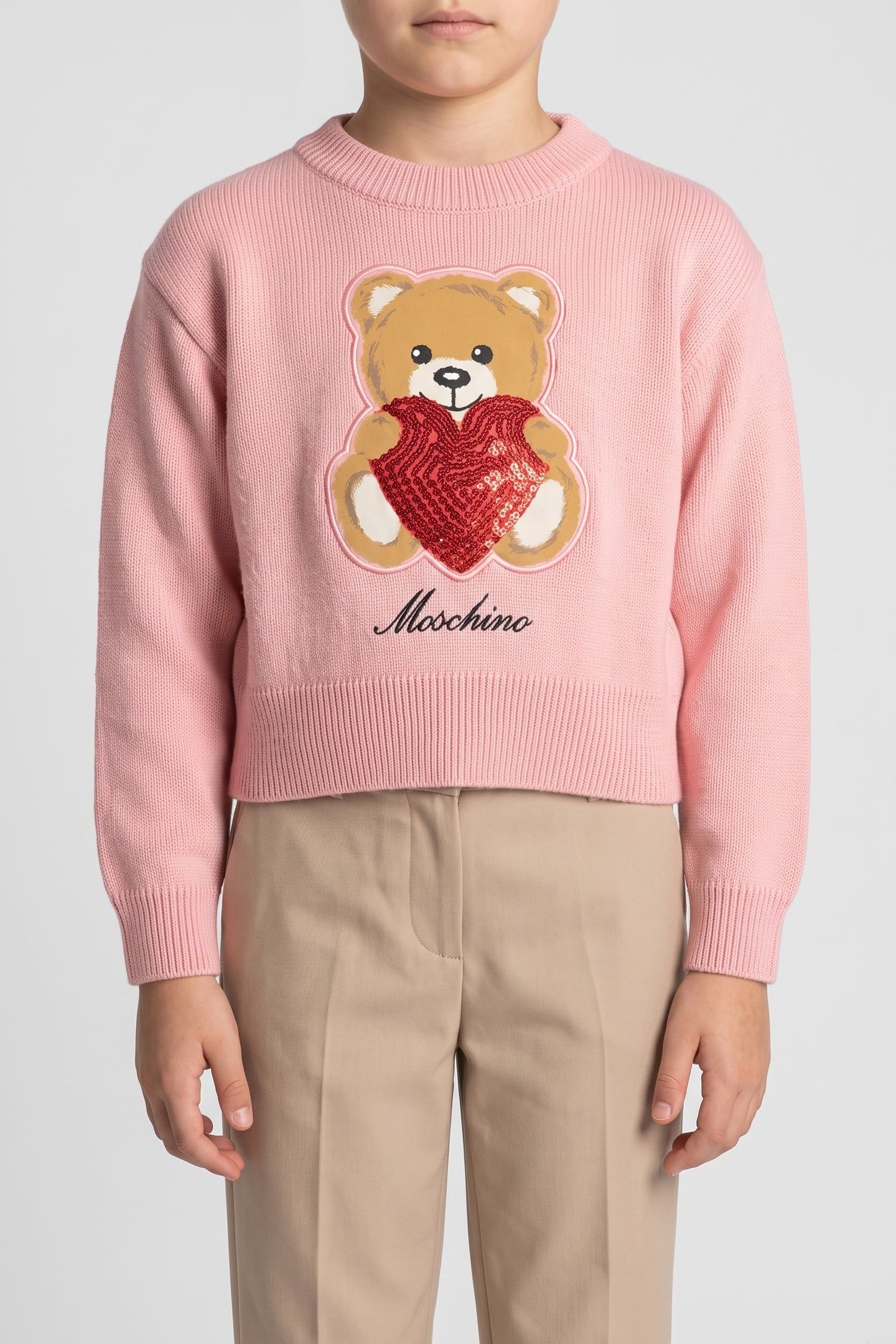 GIRL'S HEART TEDDY BEAR WOOL AND COTTON PULLOVER PINK 1
