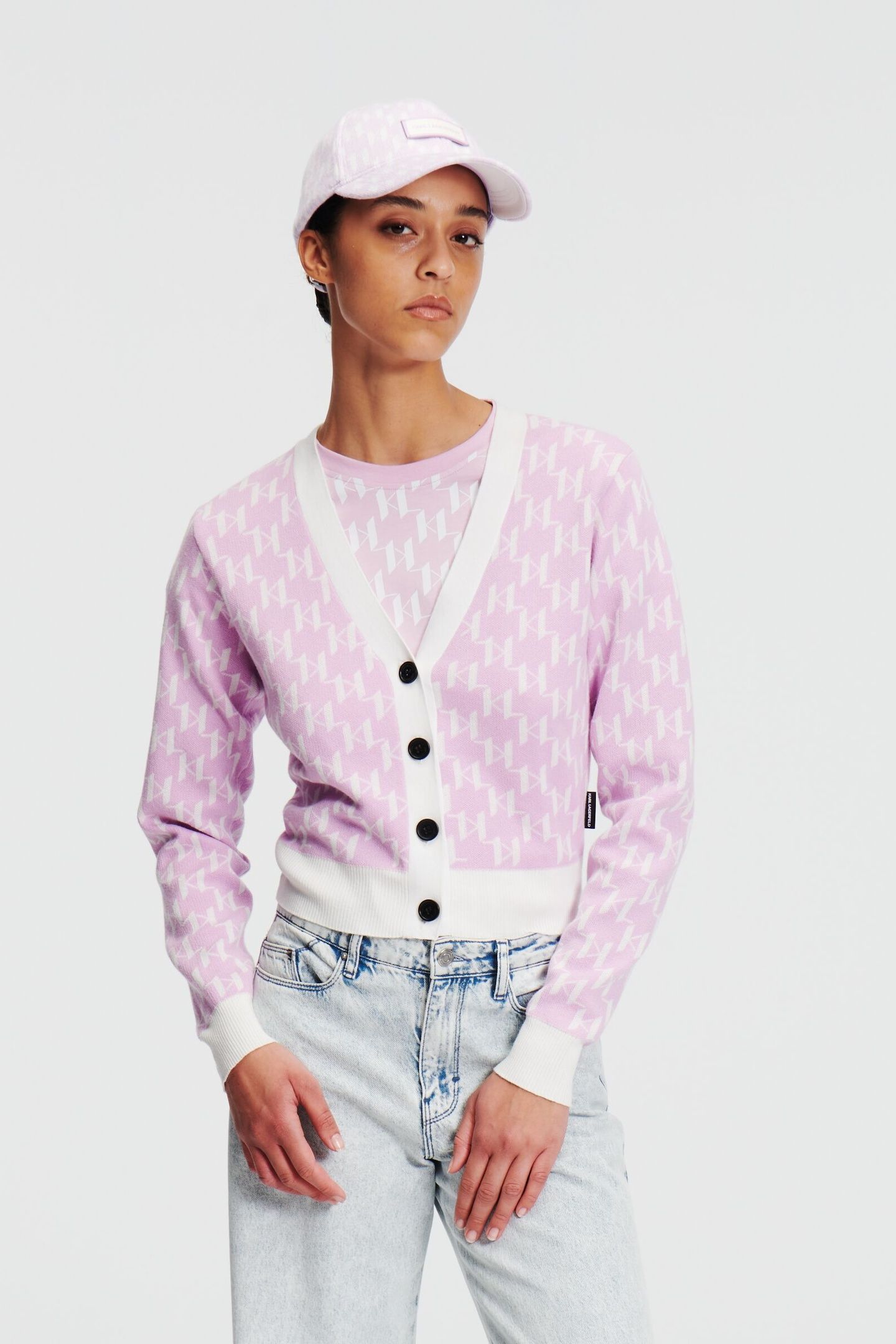 KL MONOGRAM SHORT CARDIGAN MONOGRAM ORCHID BOUQUET 1