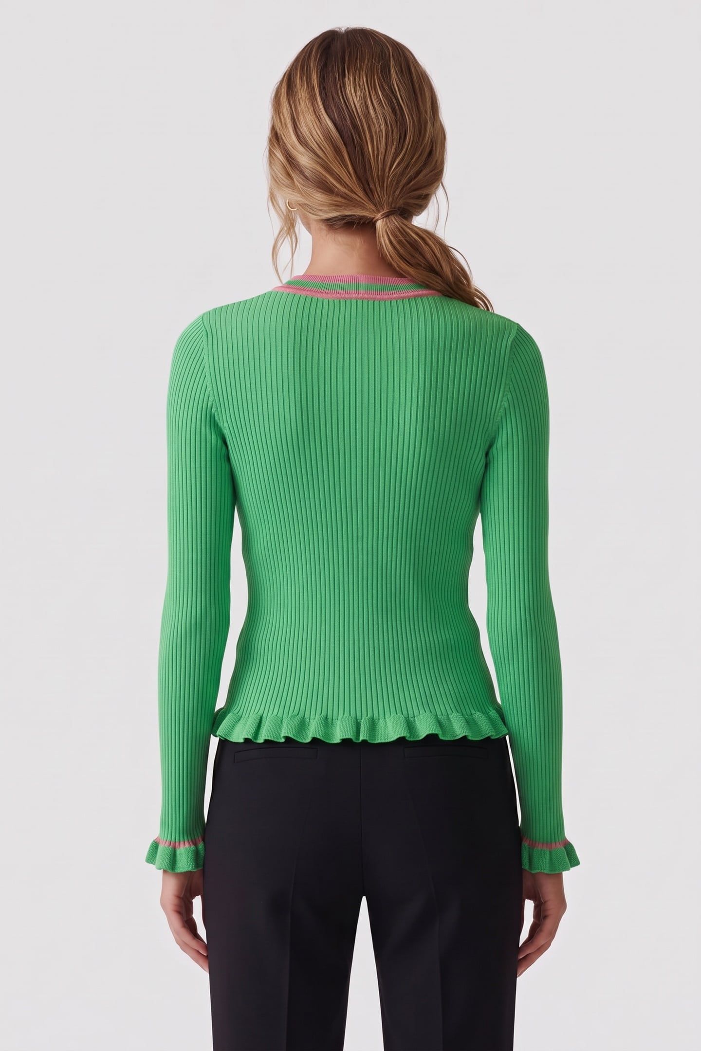 STRIPED DETAILS RIBBED KNIT CARDIGAN GREEN 2