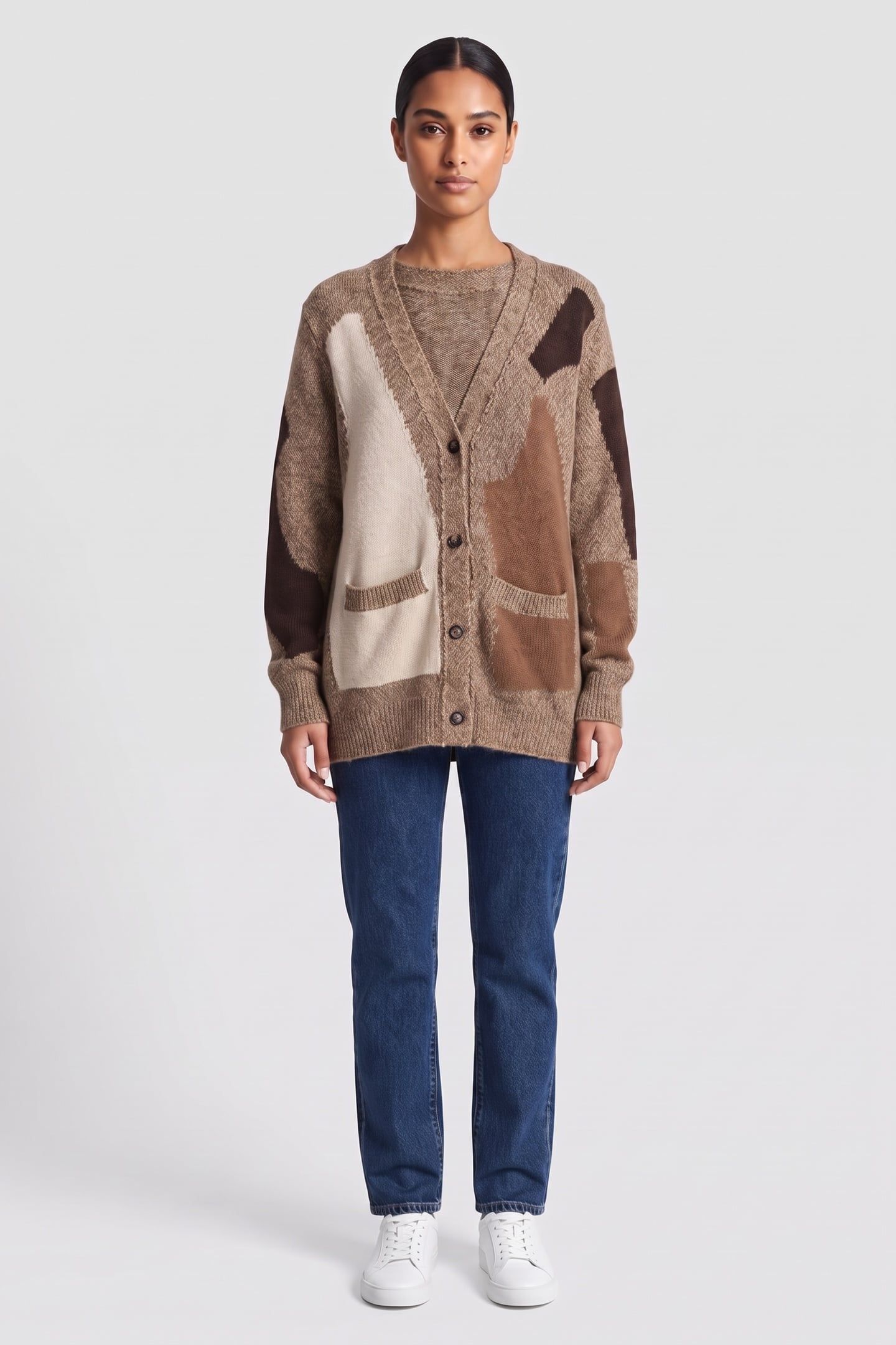 PATCHWORK MOULINÈ WOOL AND ALPACA CARIDGAN BEIGE 1