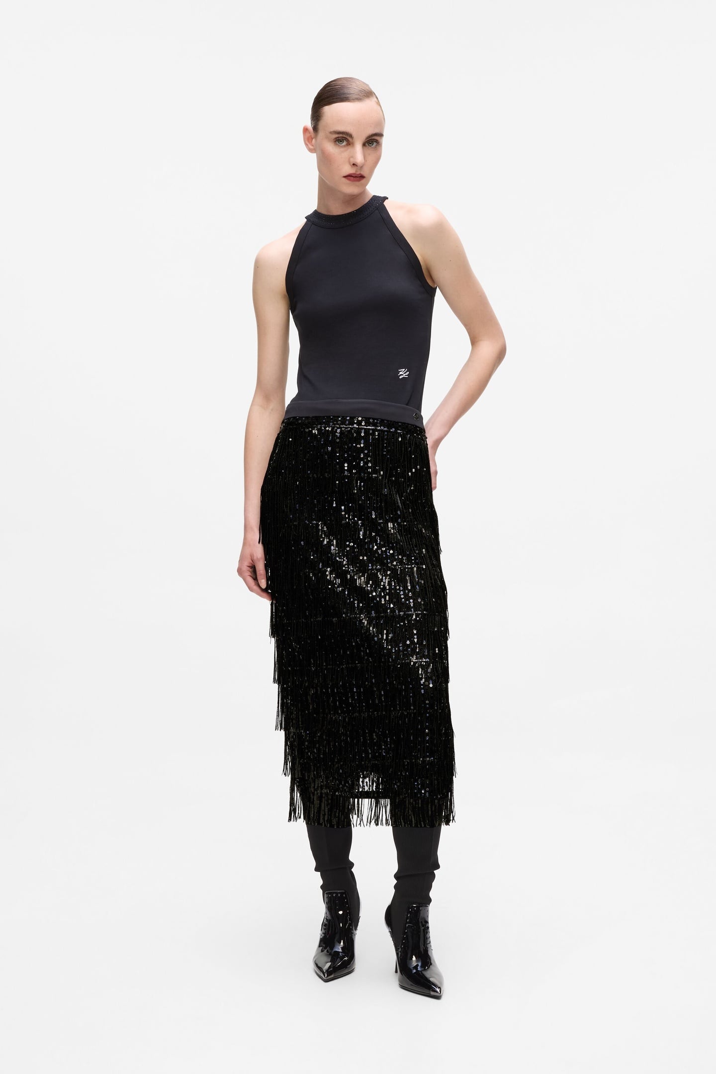 SEQUINS FRINGE SKIRT BLACK 2
