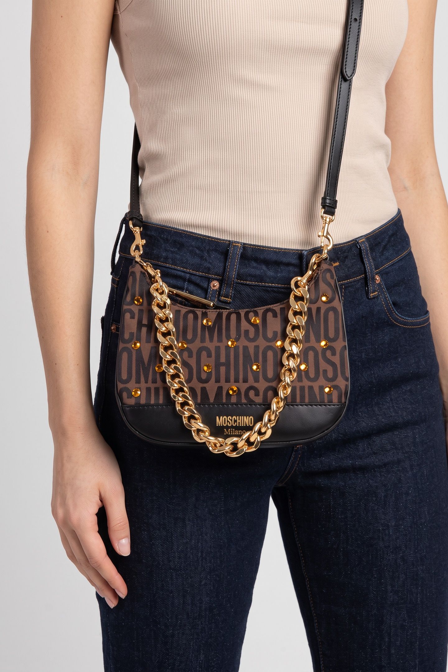 ALLOVER LOGO MINI BAG WITH RHINESTONES BROWN 3
