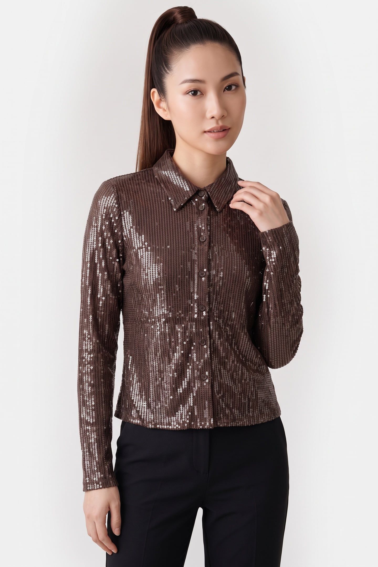 PADGET SEQUIN BLOUSE BROWN 1