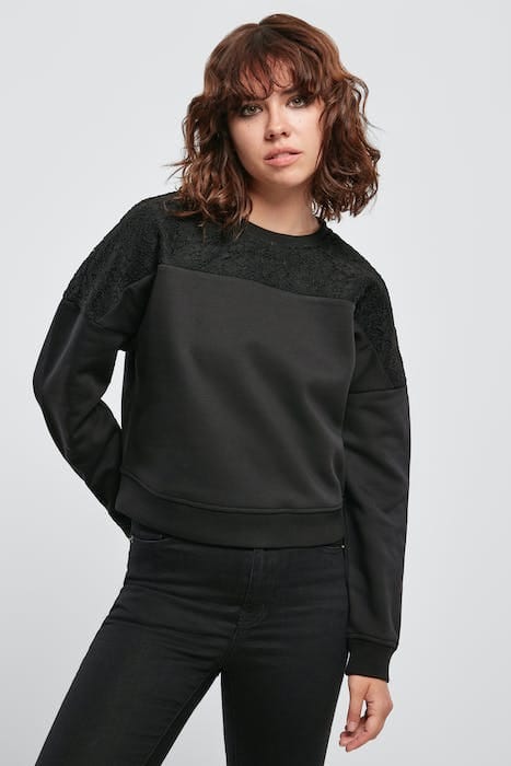 LADIES SHORT OVERSIZED LACE INSET CREW BLACK 2