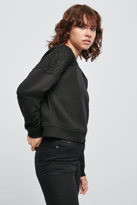 LADIES SHORT OVERSIZED LACE INSET CREW BLACK 5