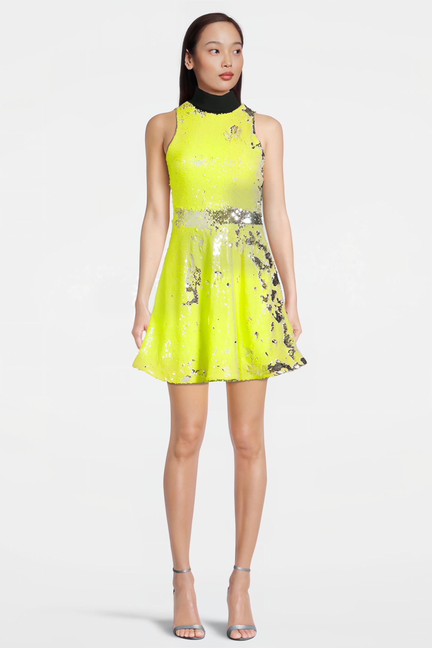 WOMEN'S SHORT SLEEVELESS SEQUIN DRESS WITH VELVET COLLAR YEL 1