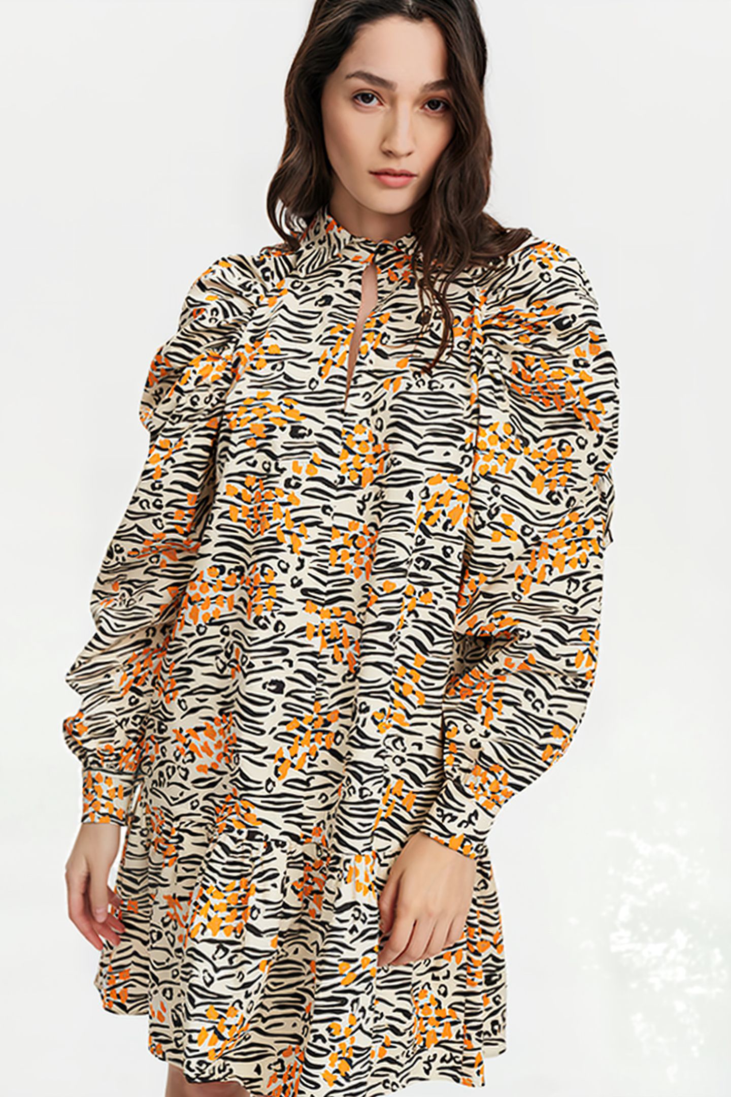 GATHERED VOLANT DRESS WILD PRINT ORANGE 1